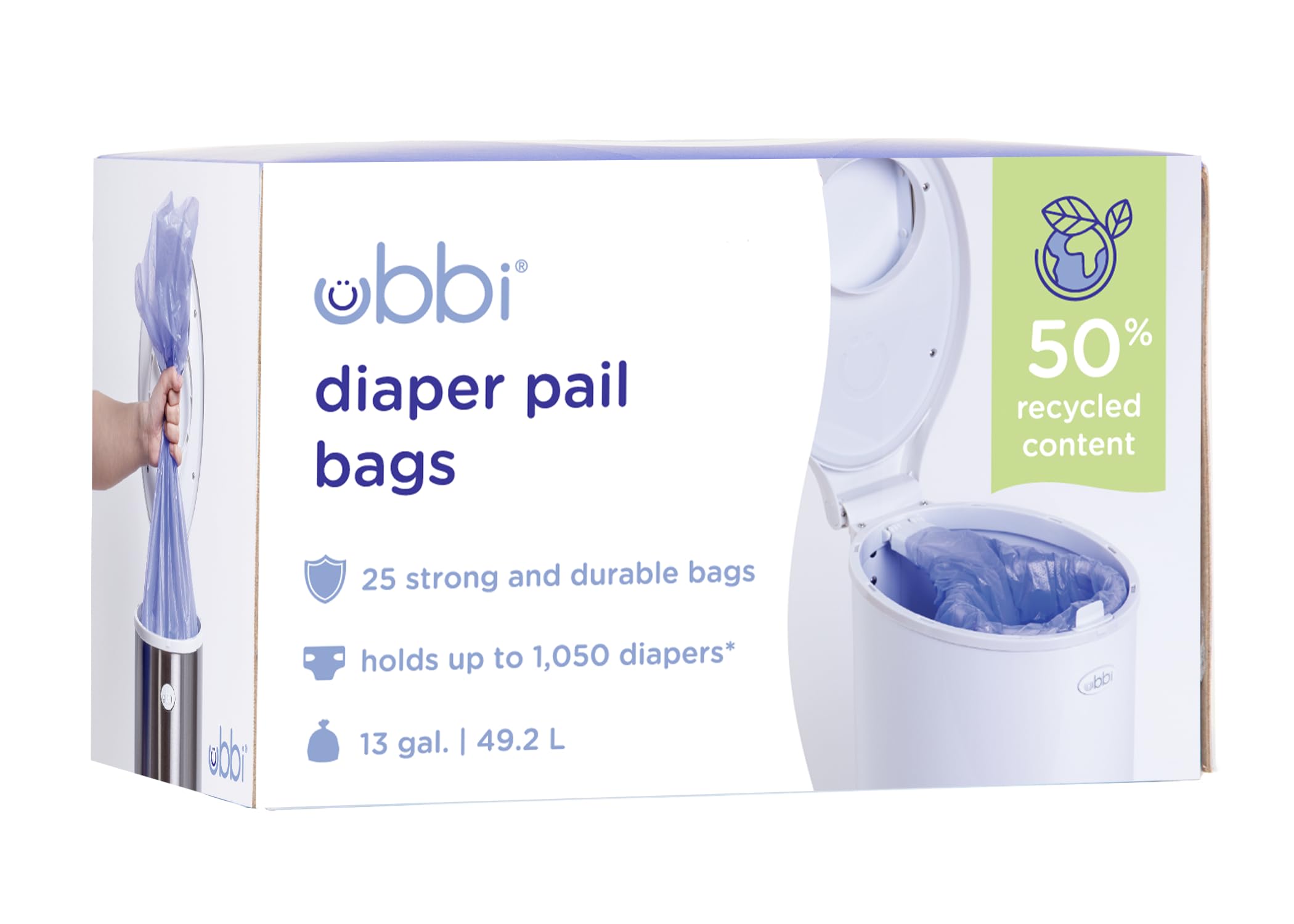 Ubbi Diaper Pail Plastic Bags - 25 Count Disposable Baby Waste Bags for 13-Gallon Pails | Odor-Controlling Nursery Essentials for Diaper Disposal & Baby Care