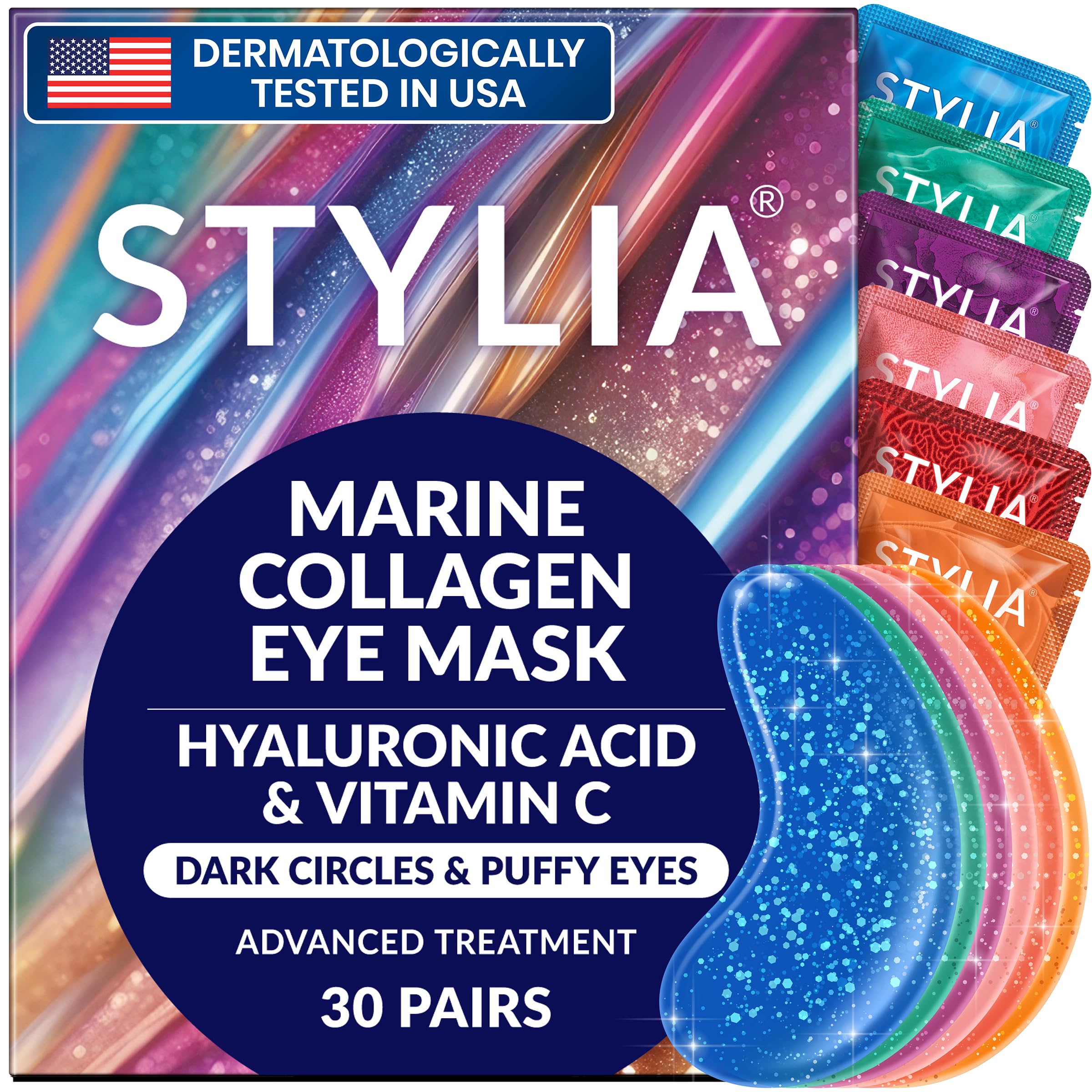 Stylia Under Eye Patches for Puffy Eyes & Dark Circles - 30 Pairs Marine Collagen Eye Mask with Vitamin C, Hyaluronic Acid & Pearl Extract - Reduce Puffiness & Brighten Dark Circles - Perfect for Morning Skincare Routine & Travel Essentials
