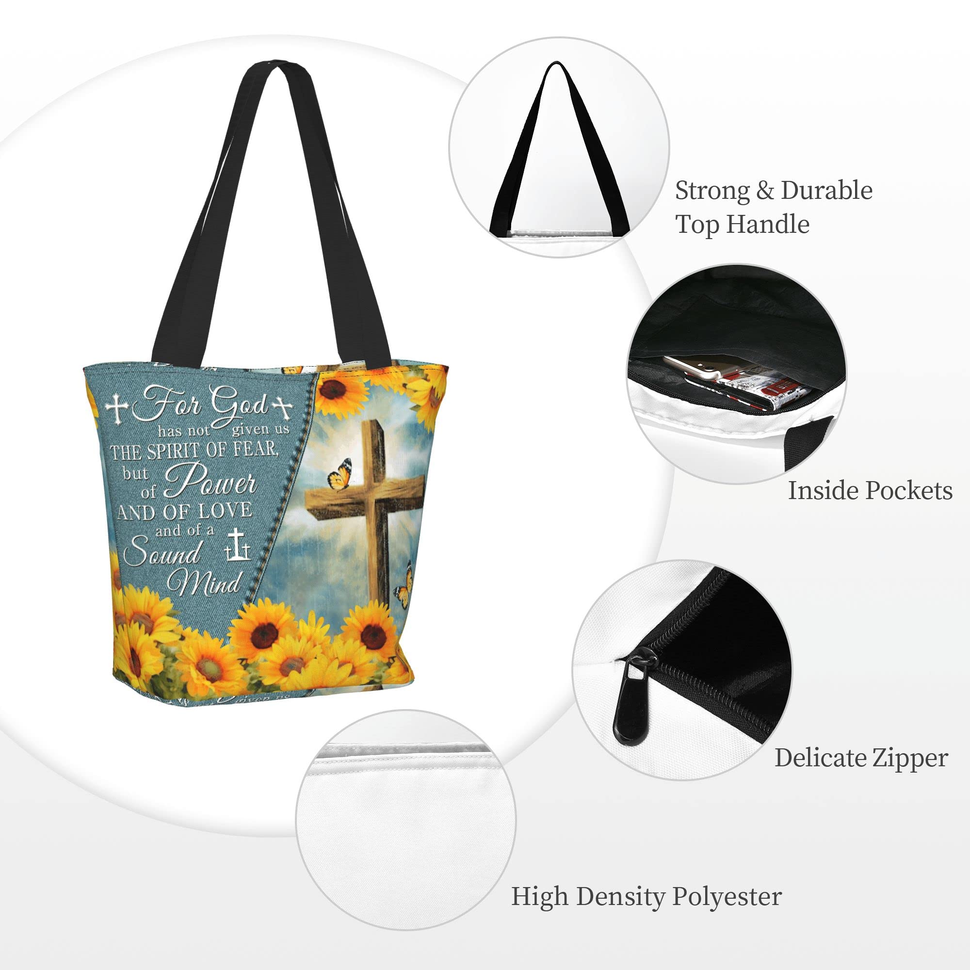 Christian Tote Bag with Bible Verse - Reusable Zippered Shopping Bag for Women - Church & Daily Use