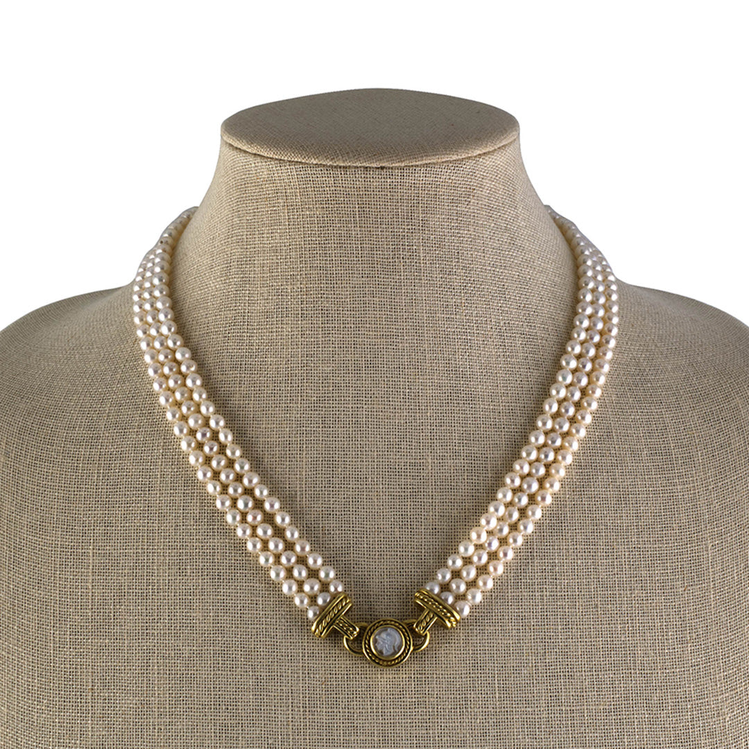 Judith Ripka Garnet Intaglio 3 Strand Pearl Necklace for Women - Elegant Vintage Jewelry Gift for Brides, Anniversaries & Special Occasions
