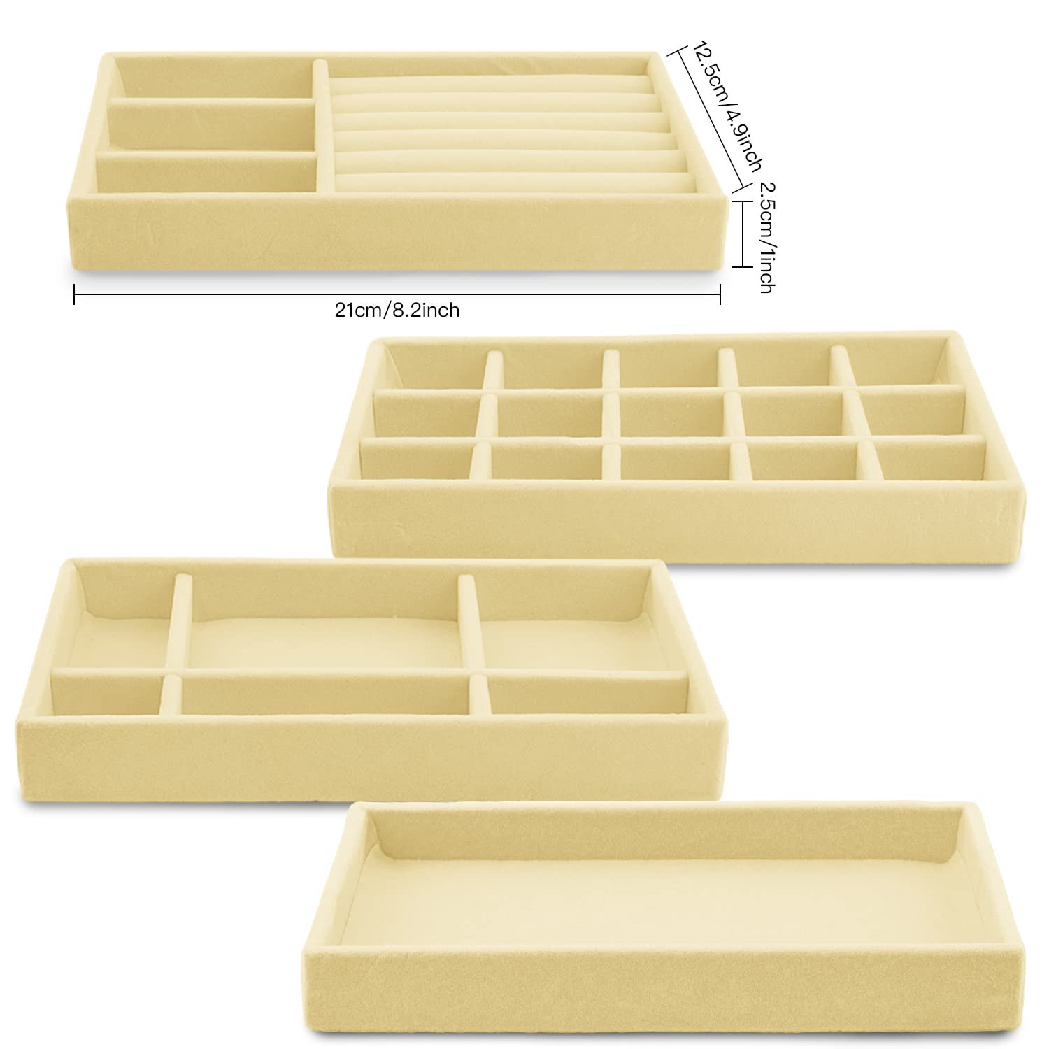 4-Pack Velvet Jewelry Organizer Trays for Drawers - Stackable Jewelry Storage Display for Earrings, Necklaces, Bracelets & Rings - Perfect for Bedroom, Closet & Travel Jewelry Organization