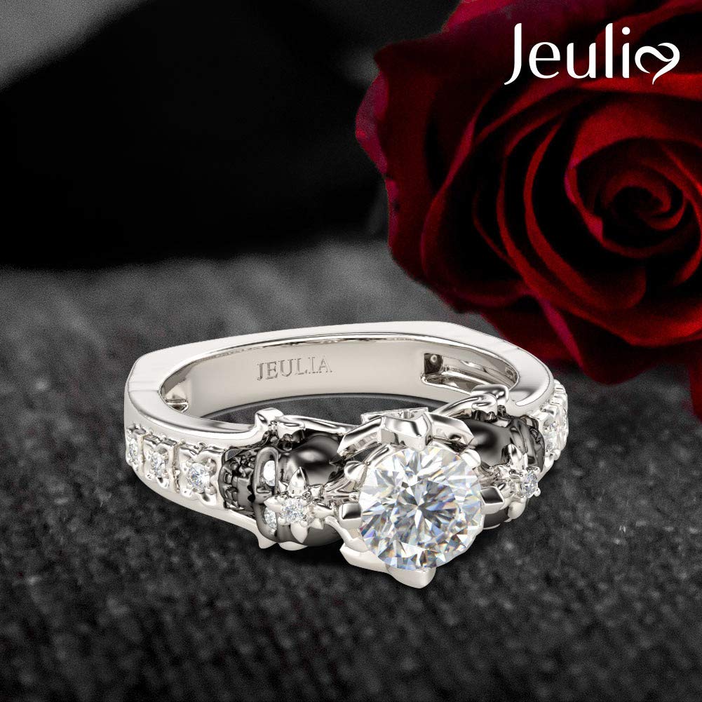 2 Carat Round Cut Diamond Skull Ring for Women - Sterling Silver Two-Tone Wedding Band with European Shank, Custom Bridal Engagement Promise Ring - Perfect for Gothic Weddings, Alternative Fashion & Unique Gift Giving (Includes Gift Box)