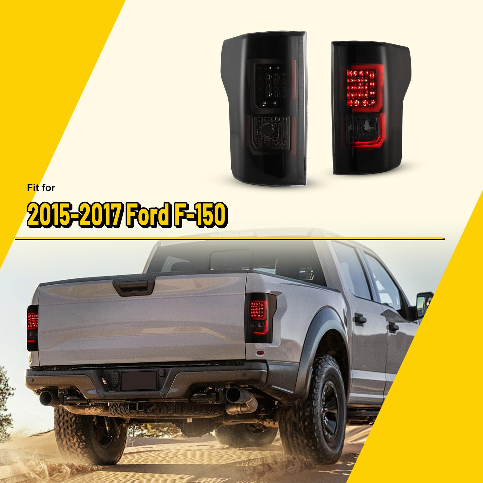 LED Tail Lights for 2015-2017 Ford F150 - Smoked Lens Taillight Assembly with LED Turn Signal, Brake Light, DRL & Parking Lights | HD Lens Replacement for Pickup Truck | Enhanced Visibility & Style for Night Driving & Off-Road Adventures