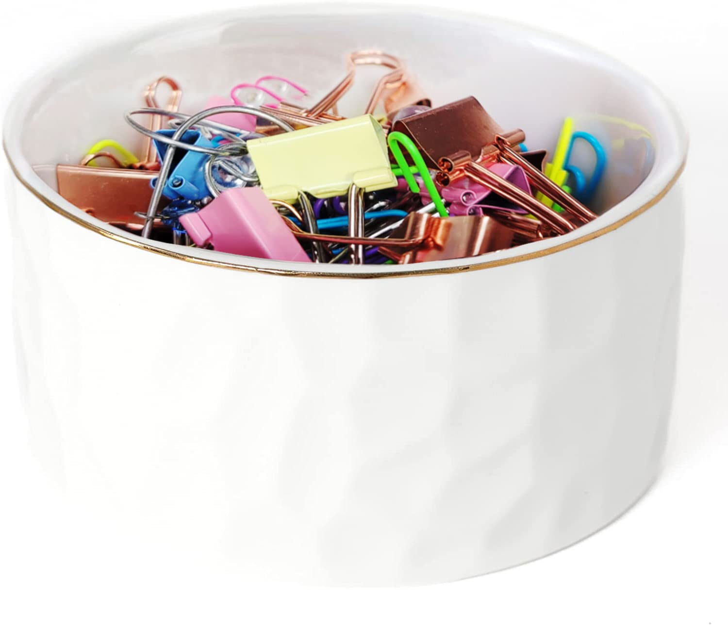 Geometric Ceramic Paper Clip Holder with Gold Line - Stylish Desk Organizer for Office, Women & Girls (White) | Perfect for Binder Clips, Stationery & Workspace Organization