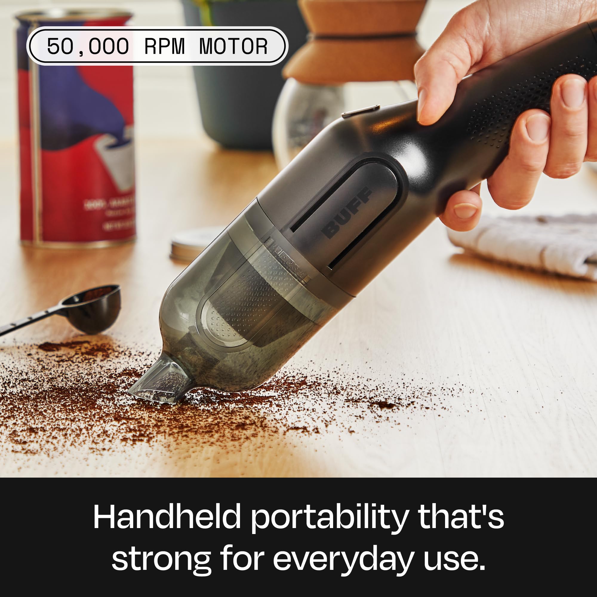 BUFF Cordless Handheld Vacuum Cleaner - Rechargeable Car Vacuum with Crevice Tool & Brush Attachments - Powerful Portable Vacuum for Home, Office, Car & Pet Hair Cleaning - Black | Perfect for Quick Cleanups, Car Detailing & Pet Hair Removal