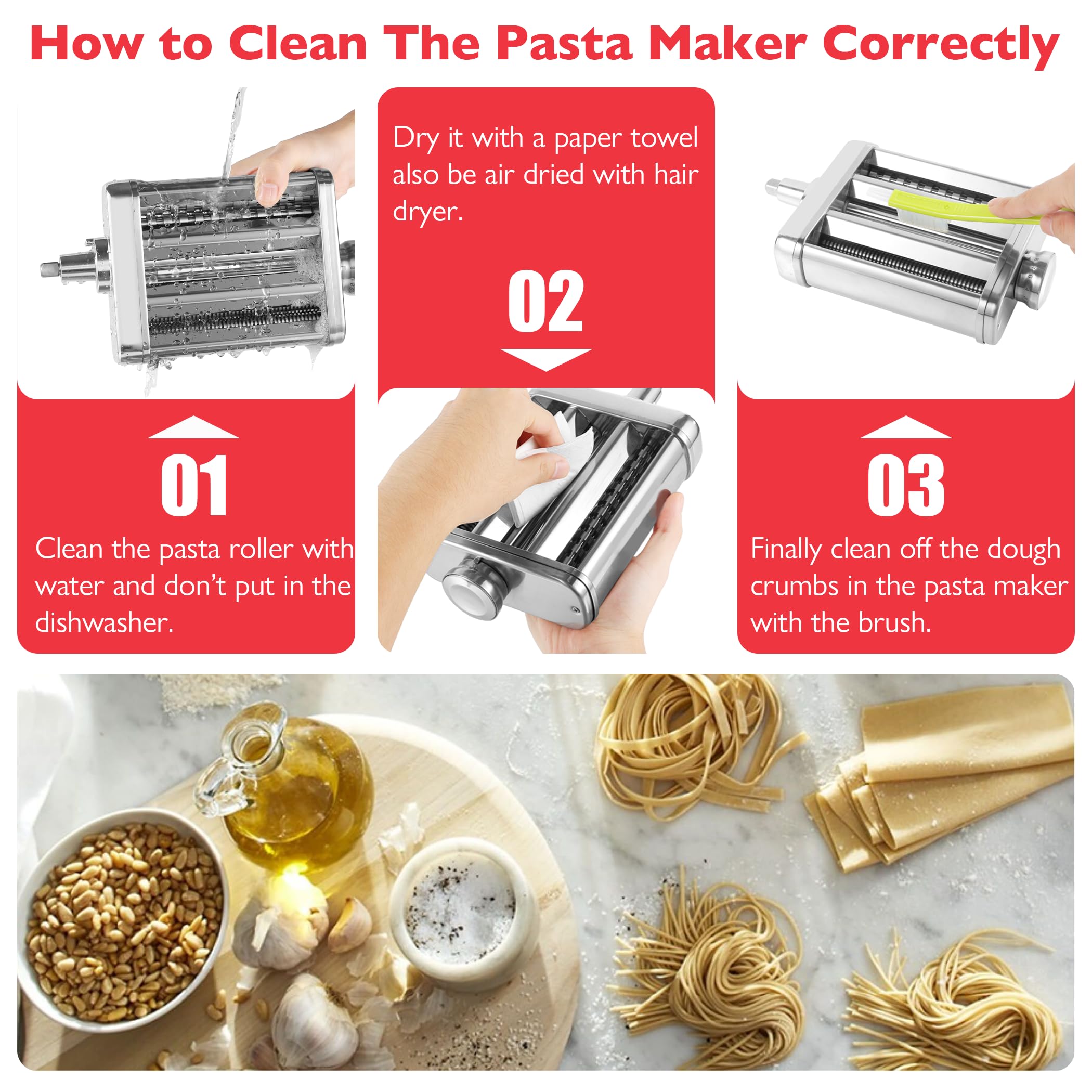 Premium Stainless Steel 3-in-1 Pasta Maker Attachment for KitchenAid Stand Mixer - Includes Pasta Sheet Roller, Spaghetti & Fettucine Cutter - Heavy Duty Durable Pasta Press for Homemade Italian Pasta, Perfect for Family Dinners & Restaurant-Style Meals