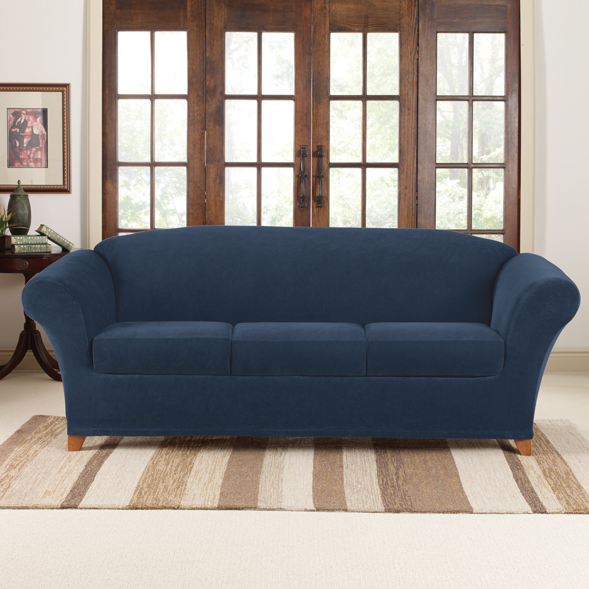 SureFit Stretch Pique 3-Seat Sofa Cover - Navy Blue Slipcover for Sectional Couches | Fits Most 3-Cushion Sofas | Easy Washable Fabric Protector for Pets, Kids & Daily Use