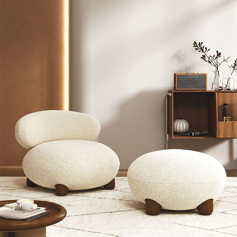 Modern Beige Accent Chair with Ottoman - Solid Color Fixed Back Lounge Chair for Living Room, Bedroom or Office - Comfortable Reading Chair with Footrest