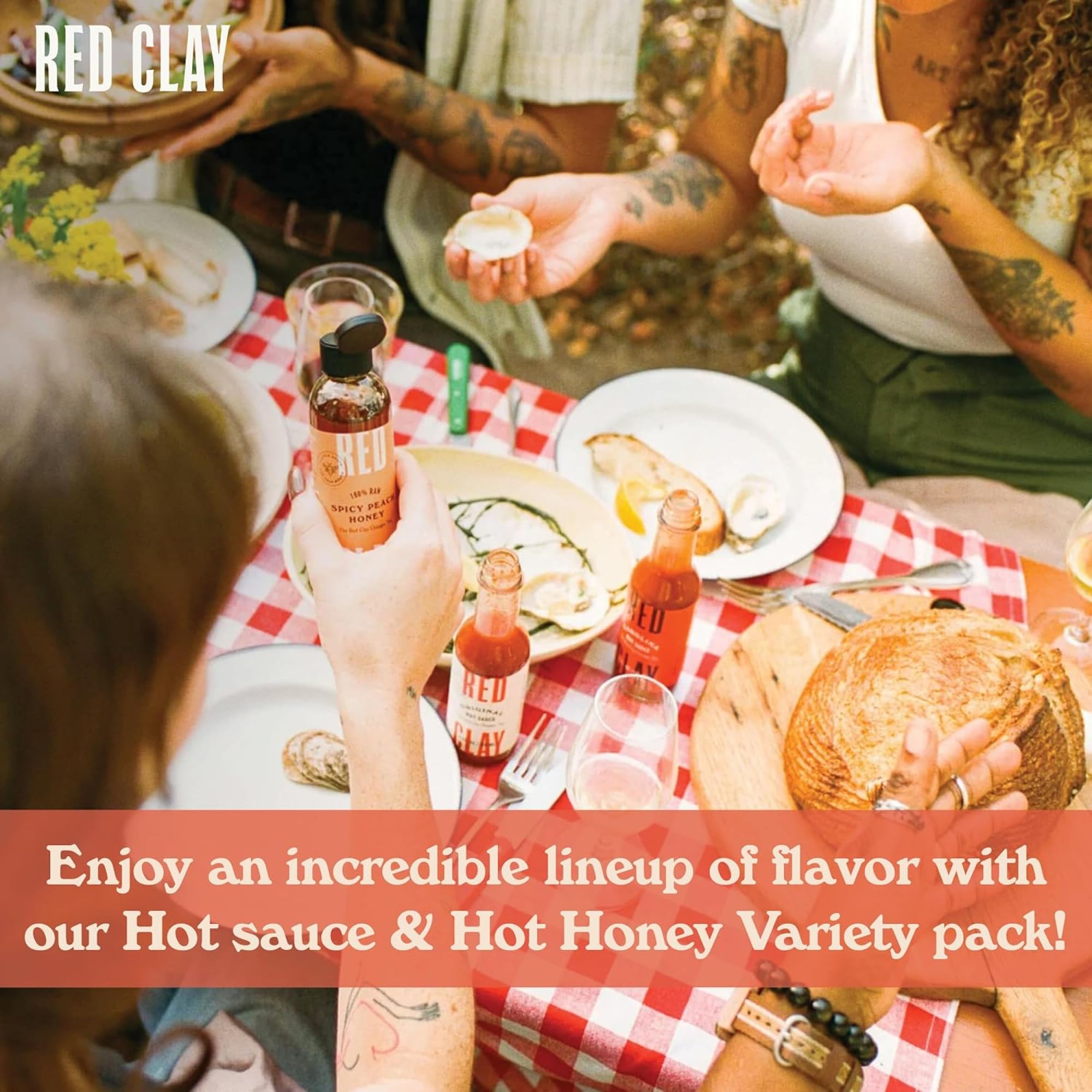 Red Clay Hot Sauce & Hot Honey Variety Pack – Original, Carolina Hot, Verde, Hot Honey & Southern Honey | Cold-Pressed, Fermented, Barrel-Aged Gourmet Hot Sauces | 100% Raw Natural Honey | 5-Pack Gift Set for BBQ, Wings, Pizza & Cocktails