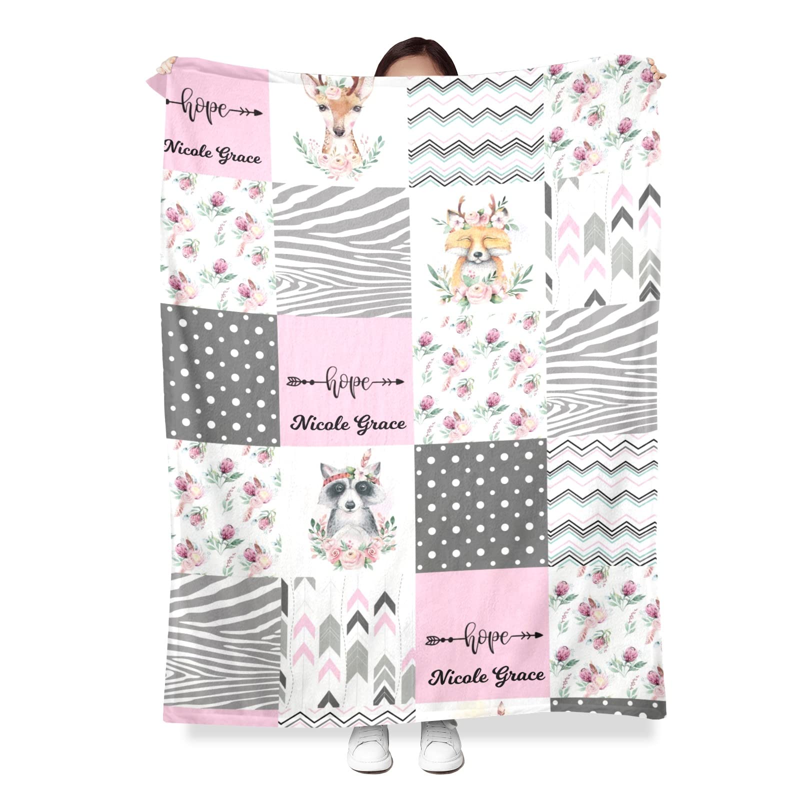 Personalized Baby Blanket - Soft Floral Deer Raccoon Fox Patchwork Custom Blanket for Baby Shower, Toddler Nursery, Stroller & Crib - 30x40 Inch Cozy Blanket for Newborns, Infants & Kids - Perfect Gift for Baby Showers, Birthdays & Holidays