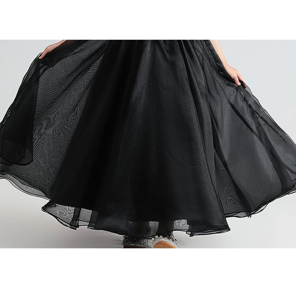 Black Puff Sleeve Girls Corduroy Tulle Party Dress - Elegant Holiday Outfit for Birthday, Christmas & Special Occasions