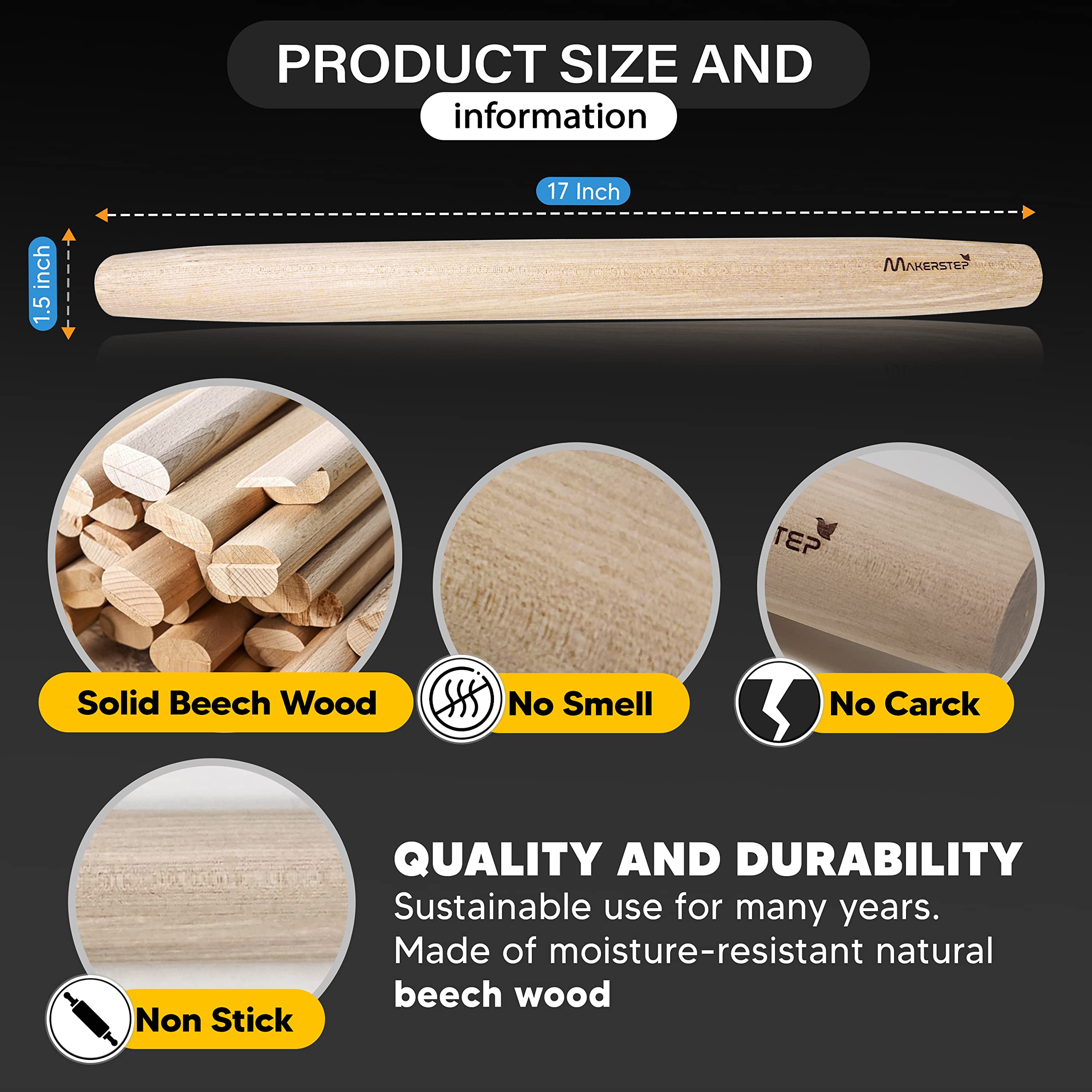 Makerstep 17-Inch French Wooden Rolling Pin for Baking - Smooth Nonstick Surface, Natural Wood Pizza Dough Roller for Cookies, Pastry & Pie Crust - Perfect for Home Bakers & Professional Kitchens