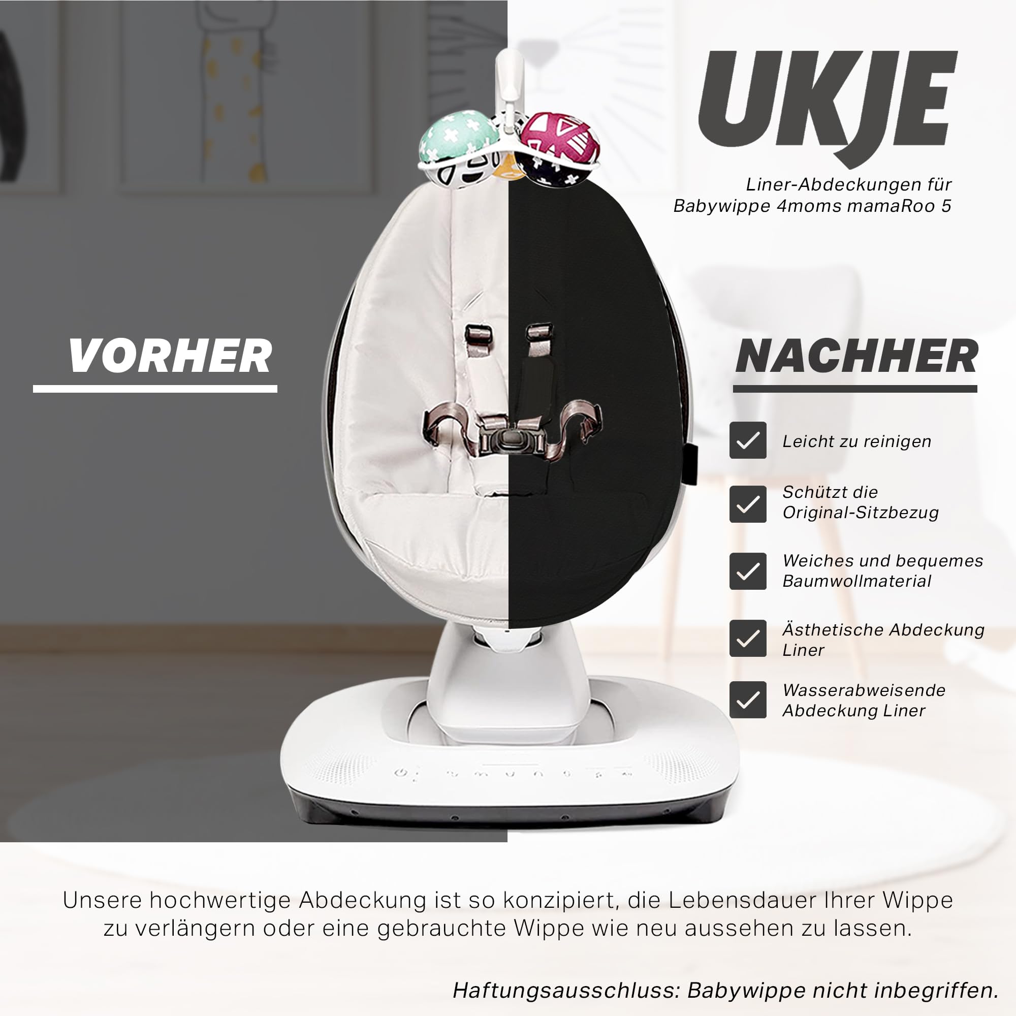 Ukje Liner Swing Cover for 4moms MamaRoo 5 - Premium Baby Swing Cover & Rocker Cover - Easy Installation, Handmade in Europe (Black) - Perfect for Nursery, Daycare & Home Use