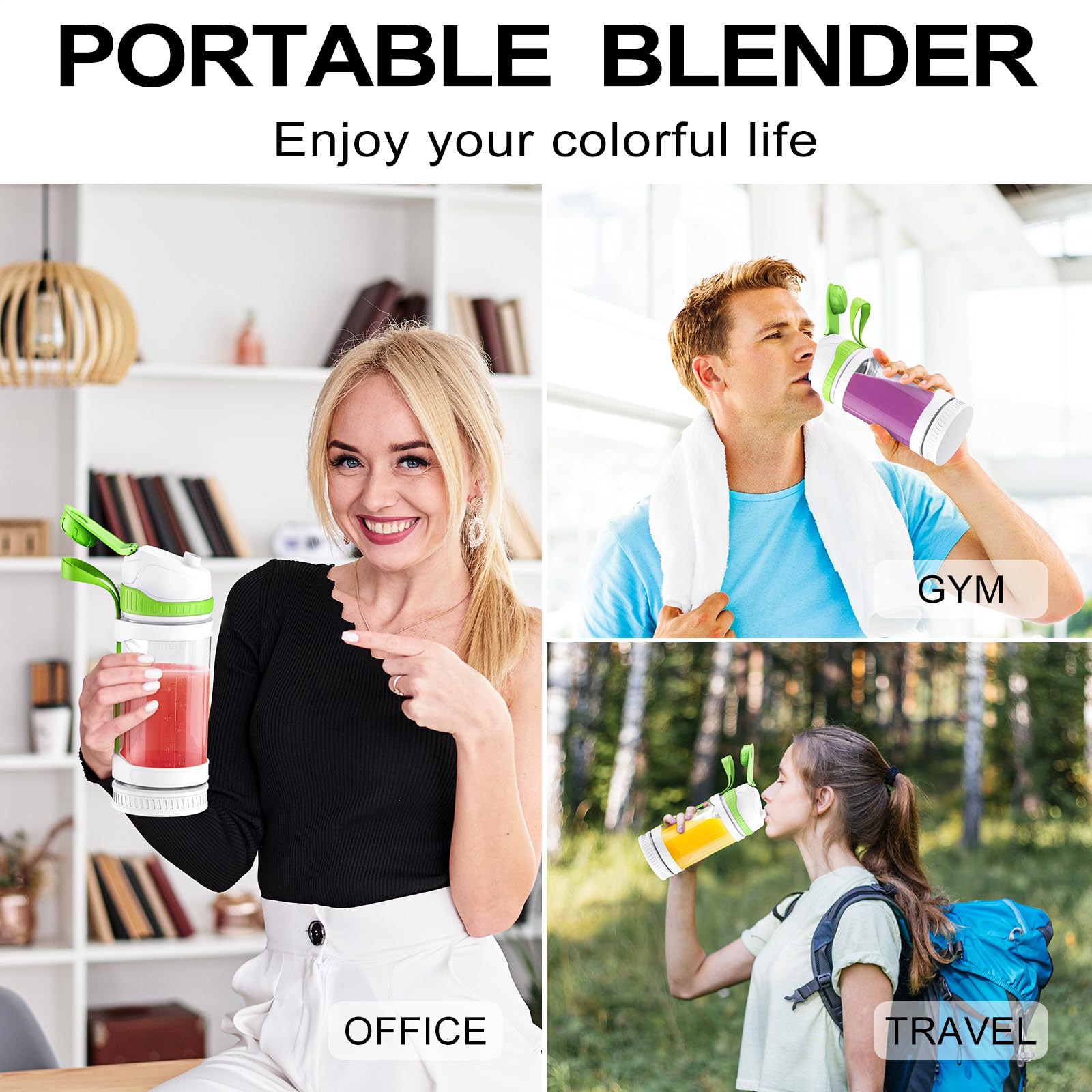Portable USB C Rechargeable Blender - 24 oz Personal Size High Speed Blender for Shakes, Smoothies & Juices, 2000mAh*3 Battery, Compact Fruit Mixer for Travel, Gym, Office, Picnic & Outdoor Activities (White-Green)