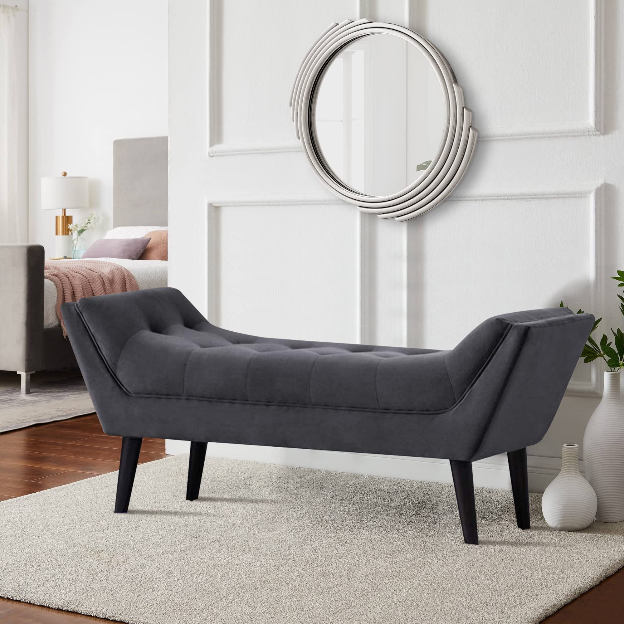 Alunaune Velvet Tufted Ottoman Bed Bench - Dark Gray Upholstered Storage Footstool with Wood Legs, 2-Seater for Bedroom, Entryway & Living Room | Perfect End of Bed Bench, Hallway Seating & Cozy Footrest