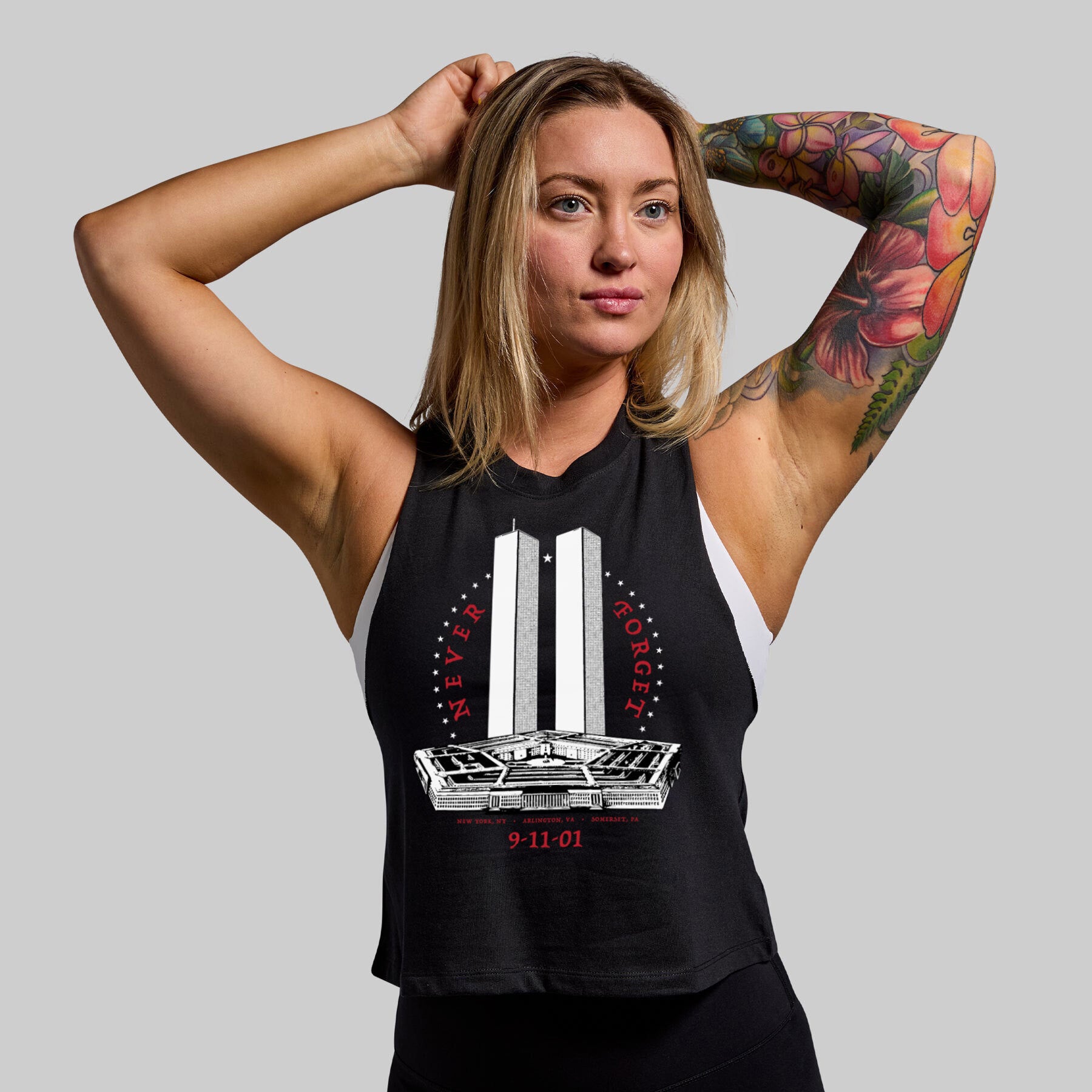 9/11 Memorial Elevate Crop Top - Black Women's Patriotic Workout Shirt for Gym & Running