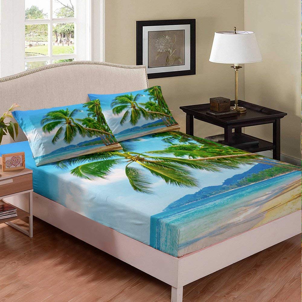 Ocean Series Kids Bedding Set - Full Size Summer Holiday Palm Tree Print 3-Piece Bed Sheet Set for Boys & Girls | Modern Beach Chic Bed Cover, Fitted Sheet, Pillowcases | Perfect for Vacation Themed Bedrooms & Coastal Decor