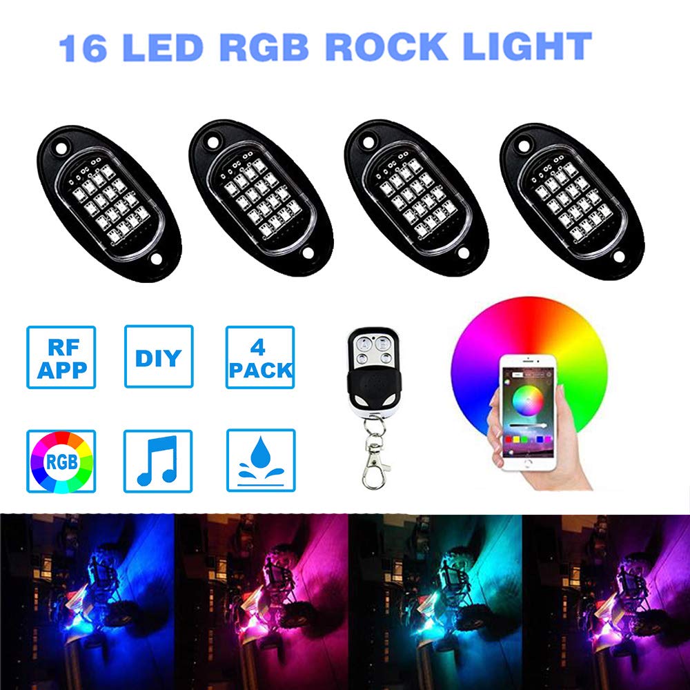 RGB LED Rock Lights with APP & RF Remote Control - 64 Multicolor Underglow Neon Lights, IP68 Waterproof, Music Sync & Flashing Modes - 12V DC Off-Road Lighting Kit for Jeep, Truck, ATV, Motorcycle - Perfect for Night Rides, Car Shows & Off-Road Adventures