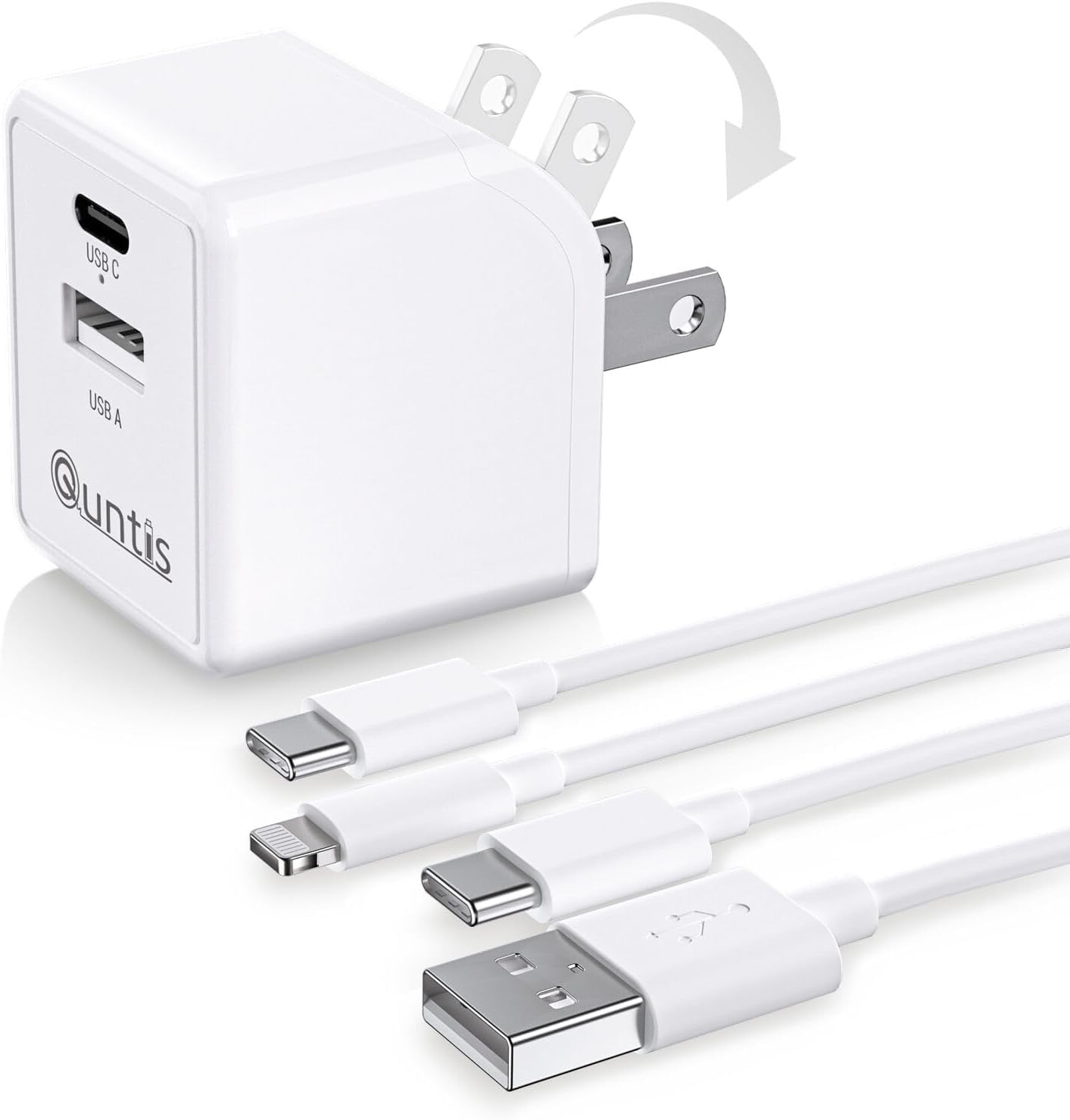 MFi Certified iPhone iPad Fast Charger Kit - Quntis 2-Pack 6ft USB A to C & C to Lightning Cable with Dual Port Wall Charger - Foldable USB C Charging Block for iPhone 16/15/14/13 Pro Max/Pro/Plus & iPad - Perfect for Home, Office & Travel (White)