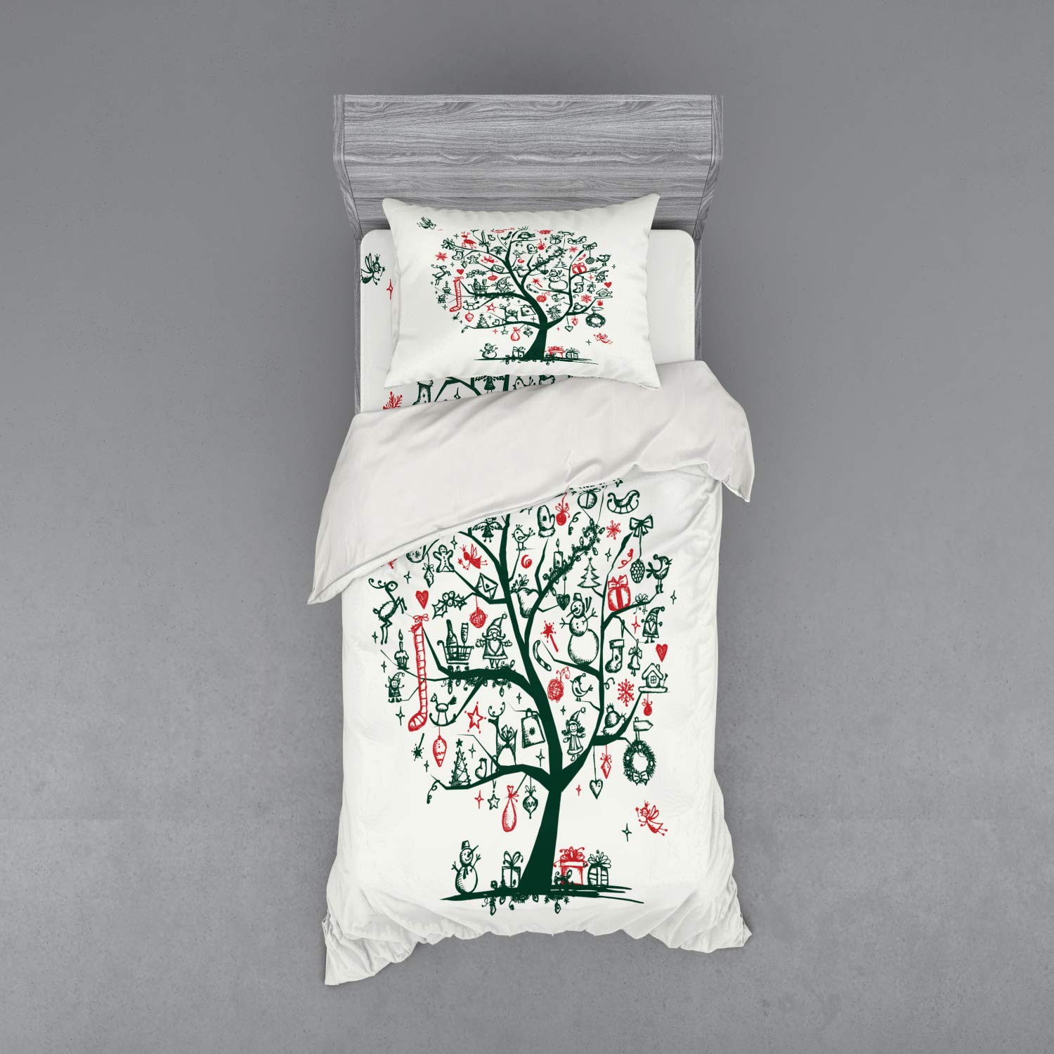 Ambesonne Christmas Bedding Set - 3 Piece Duvet Cover Set with Sham & Fitted Sheet, Twin XL Size, Holiday Theme with Large Tree, New Year Ornaments, Presents & Angel Candles in Green Vermilion - Perfect for Holiday Decor, Guest Rooms & Cozy Winter Nights