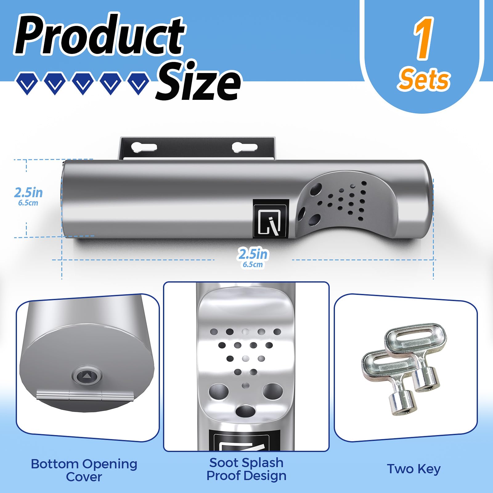 Stainless Steel Wall-Mount Outdoor Cigarette Receptacle - Commercial Smoking Ashtray for Public Spaces, Patios & Entrances - Easy to Clean & Fireproof Design
