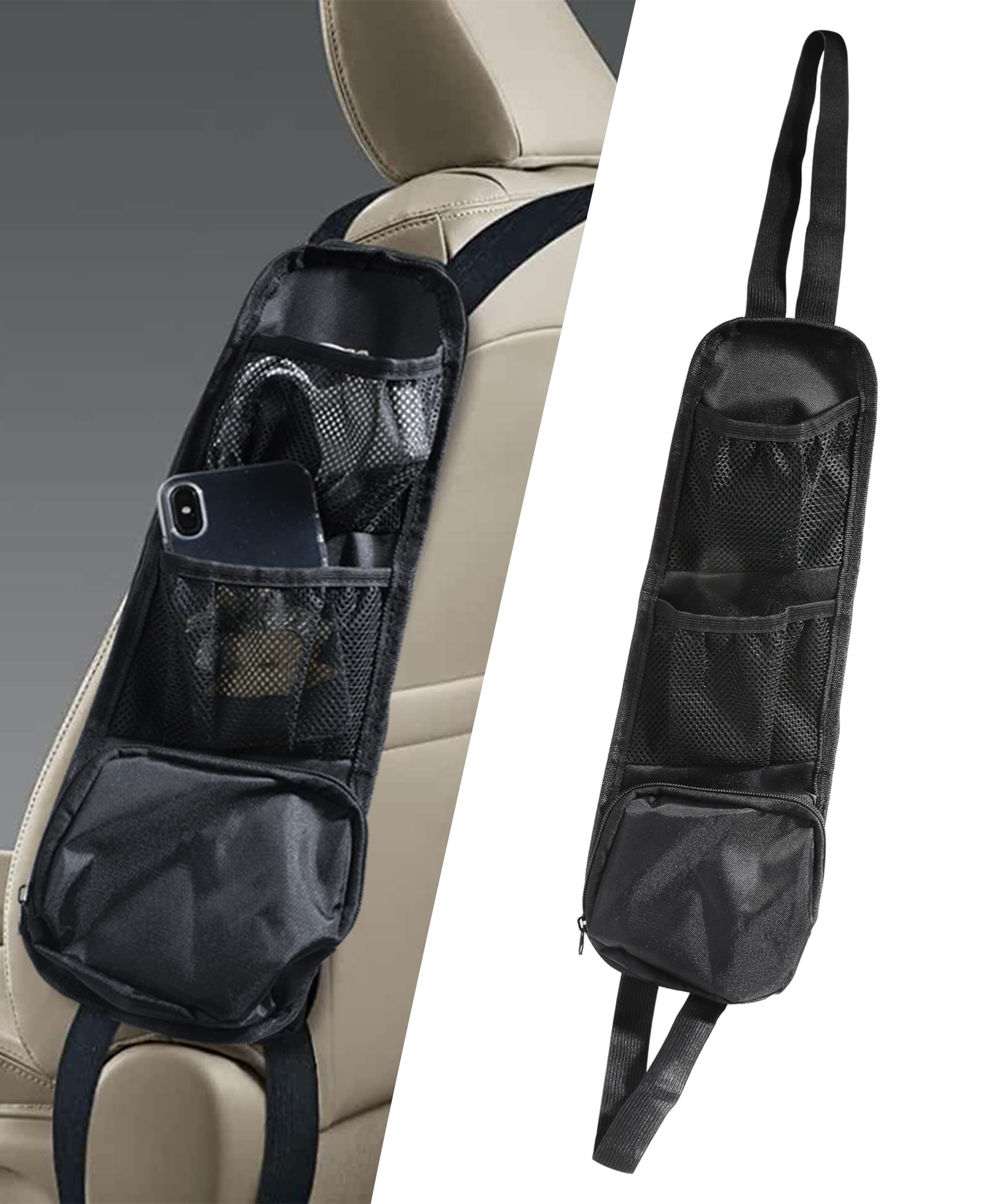 ESEWALAS Car Seat Organizer Hanging Bag - Multifunctional Mesh Storage Pocket for Phones, Drinks, Wallets & Glasses - Auto Seat Side Organizer (Black, 1PC) - Perfect for Road Trips, Commuting & Family Travel