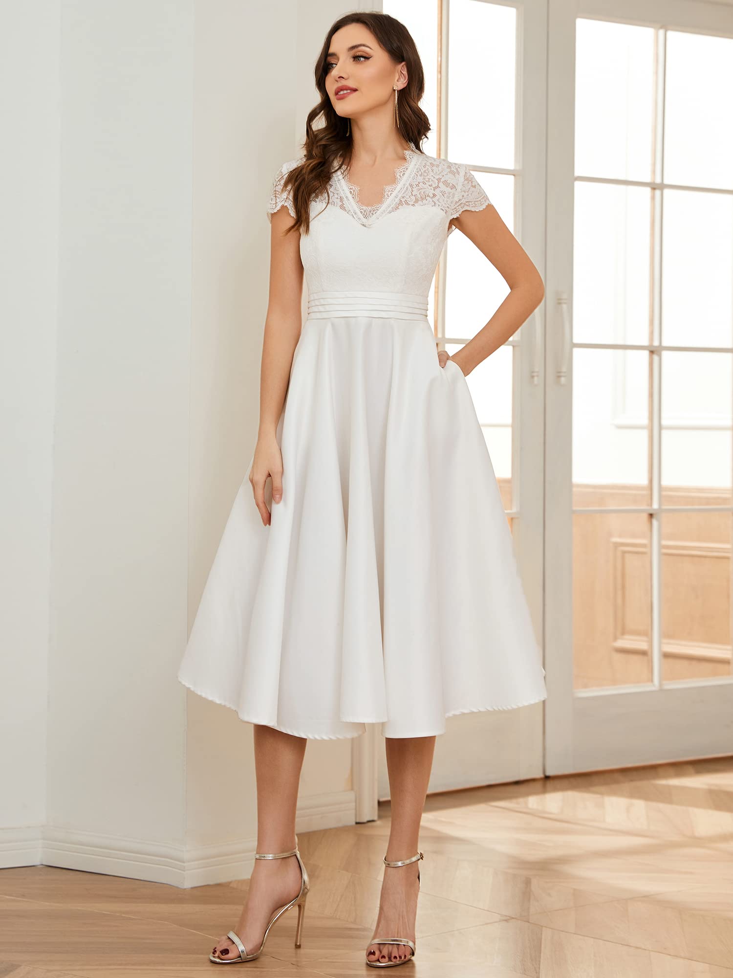 Ever-Pretty Women's A-Line Lace Sheer V-Neck Pleated Wedding Party Cocktail Dress 40400 - Perfect for Bridal Showers, Evening Galas & Formal Events
