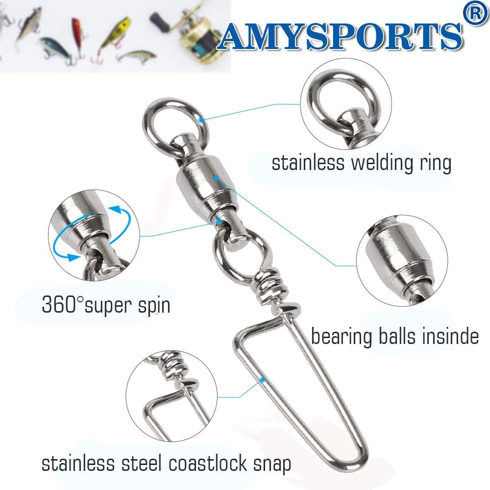 AMYSPORTS High Strength Fishing Snap Swivels with Ball Bearing - Stainless Steel Saltwater Corrosion Resistant Barrel Swivels for Freshwater & Saltwater Fishing - Ideal for Bass, Trout, and Deep Sea Angling
