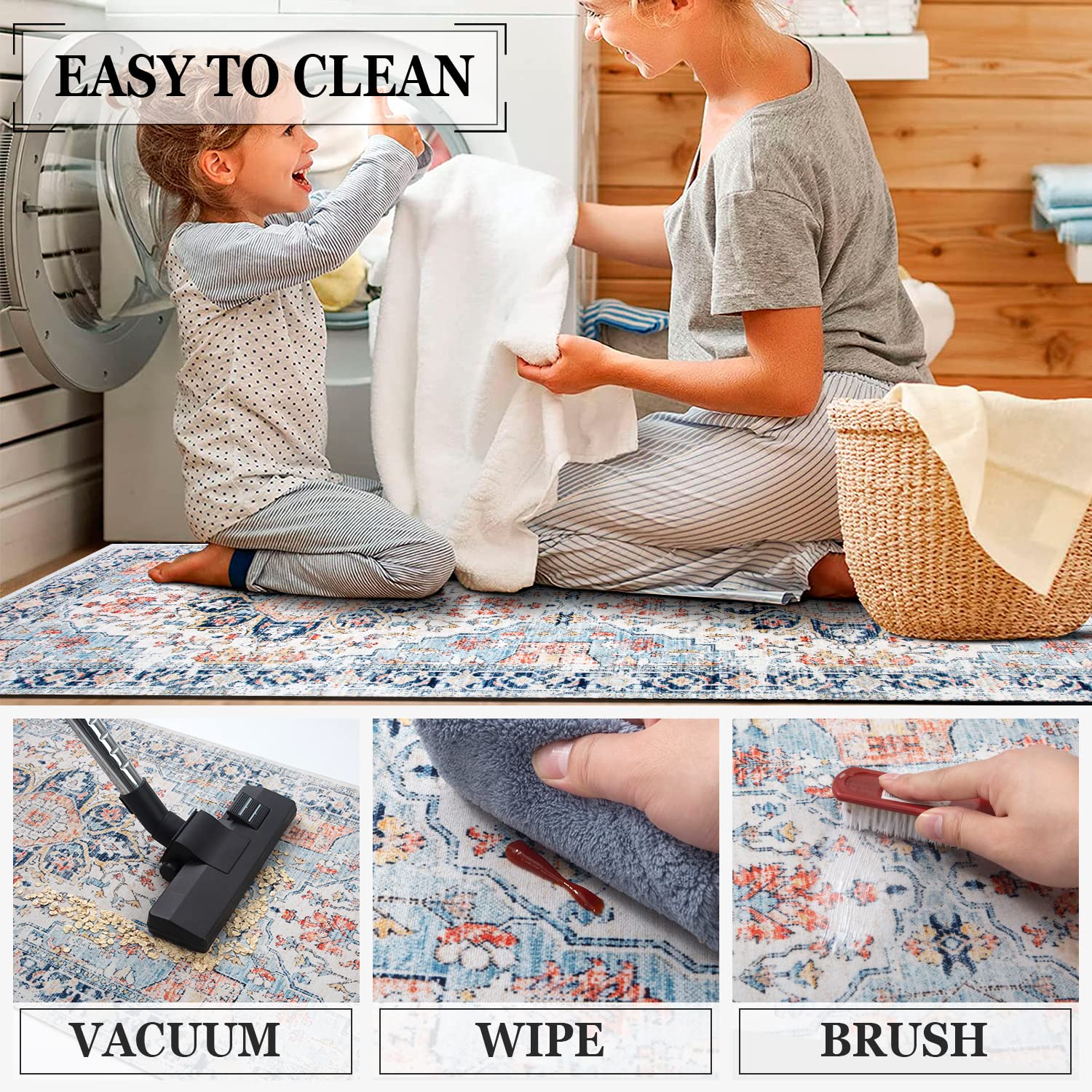 Non-Slip Kitchen Rug Set of 3 with Rubber Backing - Easy Clean Floor Mats for Kitchen, Laundry Room, Entryway & Hallway - Blue & Orange Design for Home Decor & Safety