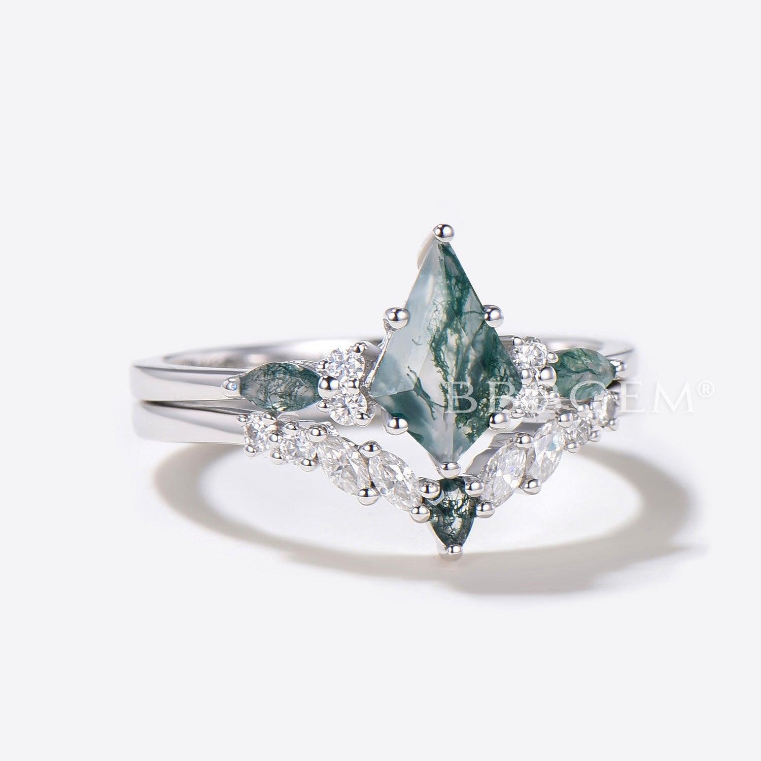7 Stone Cluster Kite Aquatic Agate Engagement Ring Set - Elegant Wedding Band for Women, Unique Promise Ring for Her, Perfect for Proposals & Anniversaries