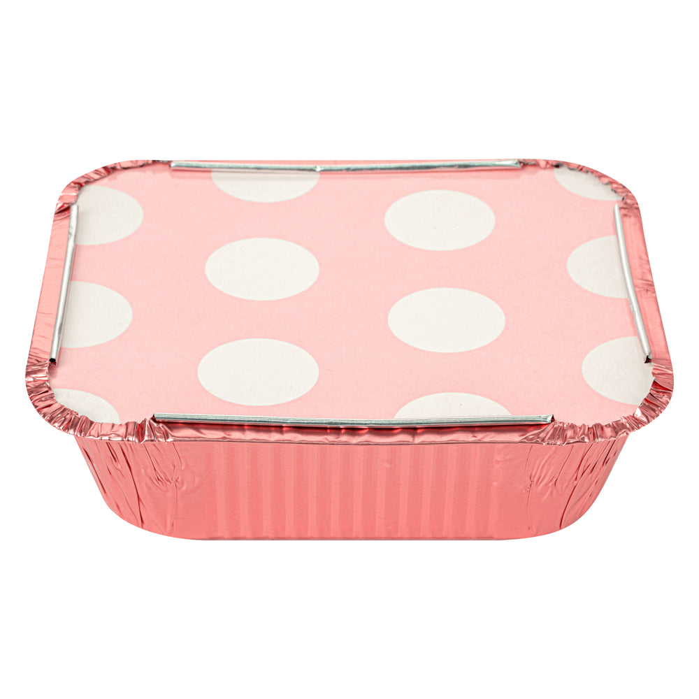 12 oz Pink Aluminum Take Out Containers with Polka Dot Paper Lids - 5.75