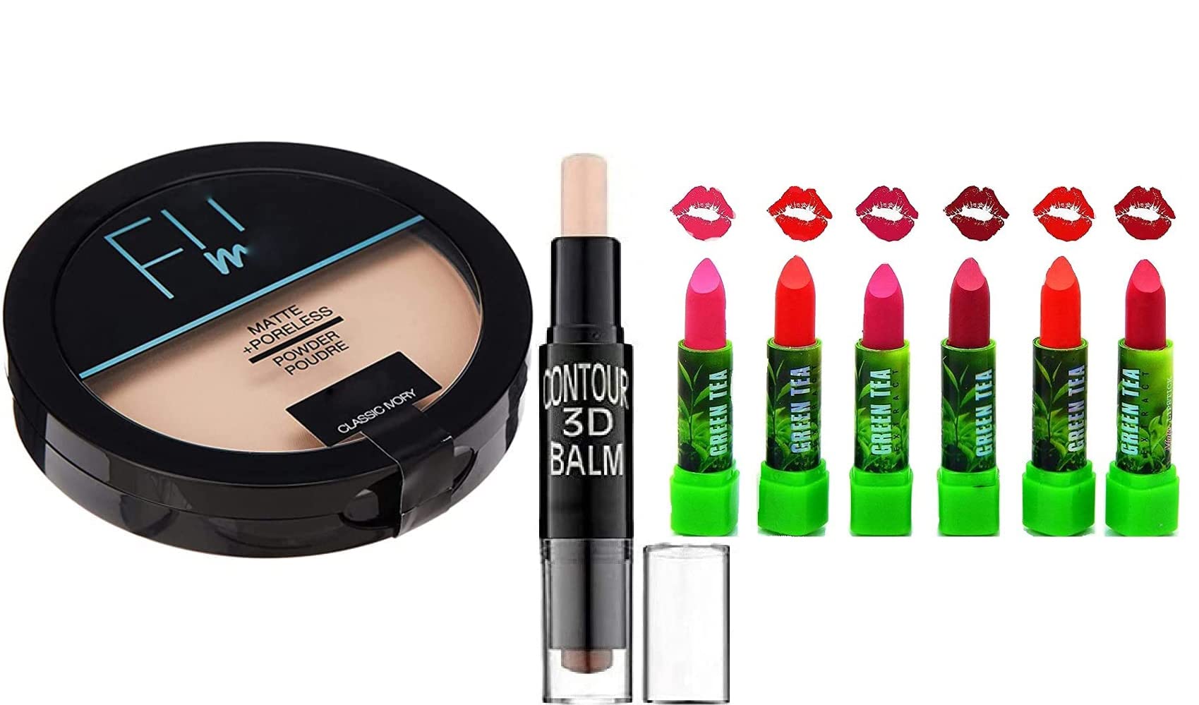 SIRF TUM 7 FiiME POWDER Pore-less Oil Control Compact Powder - All Day Matte Finish - Fit Me Matte Foundation - Green Tea Lipstick (Pack of 6) - Matte Highlighter & Contour Stick (Cream) - For Flawless Makeup & Oil Control - Perfect for Daily Wear, Parties & Photo Shoots