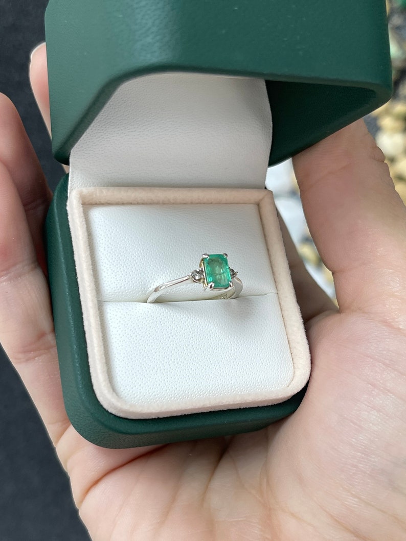 0.98tcw SS Natural Medium Green Emerald Cut Brilliant Round Diamond 3 Stone Sterling Silver 925 Ring for Women - Elegant Jewelry Gift for Anniversary, Engagement & Special Occasions