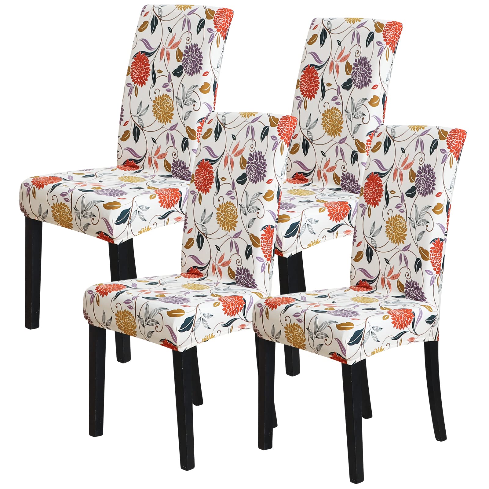 Stretch Dining Chair Covers Set of 4 - Washable & Removable Printed Flower Pattern Slipcovers for Kitchen & Dining Room - Perfect for Home Decor, Parties, and Daily Use