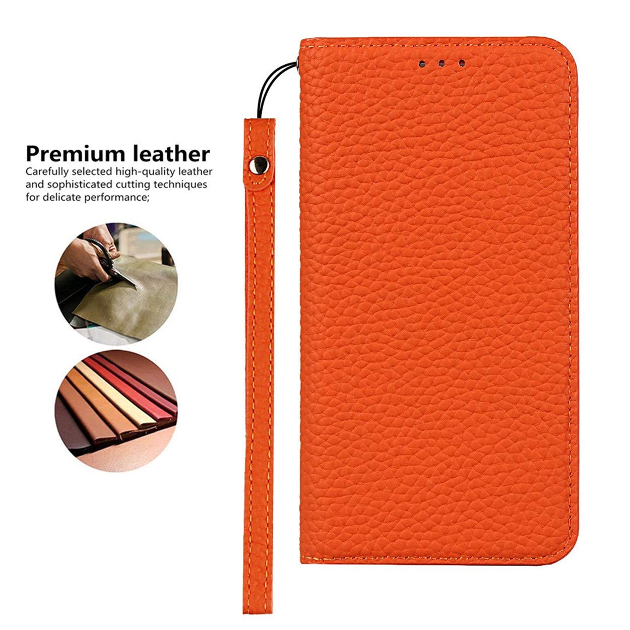 Genuine Leather Wallet Case for iPhone XR with Wrist Strap, Card Holder & Magnetic Closure - Kickstand Phone Cover (Orange) | Perfect for Everyday Use, Travel & Hands-Free Viewing