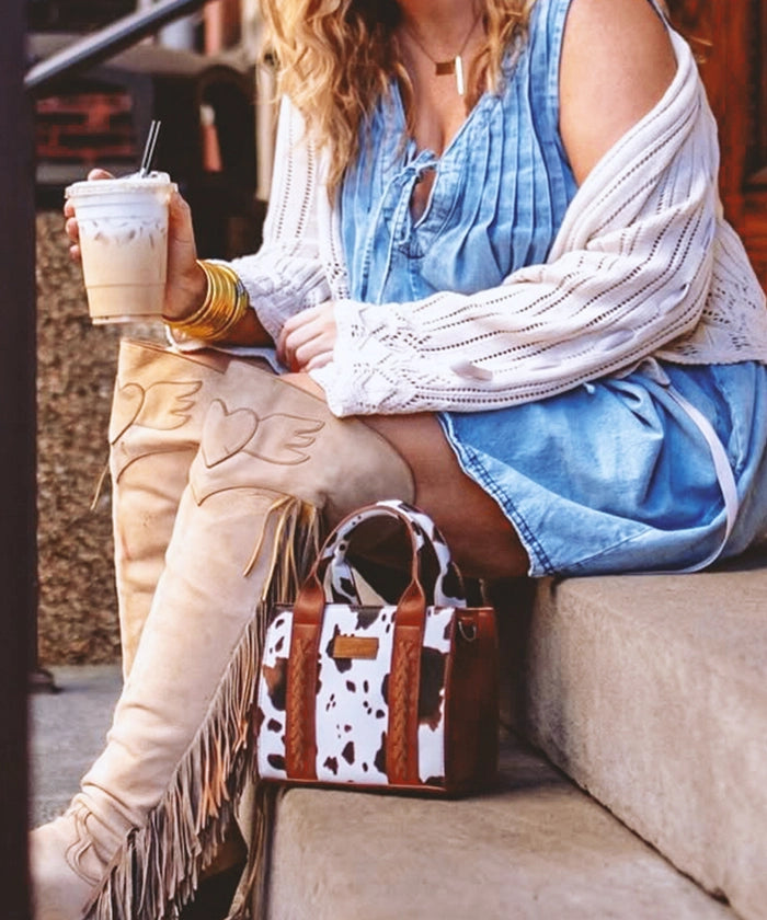 Wrangler Cow Print Mini Tote Bag - Stylish Western Crossbody Purse for Women | Perfect for Shopping, Travel & Everyday Use
