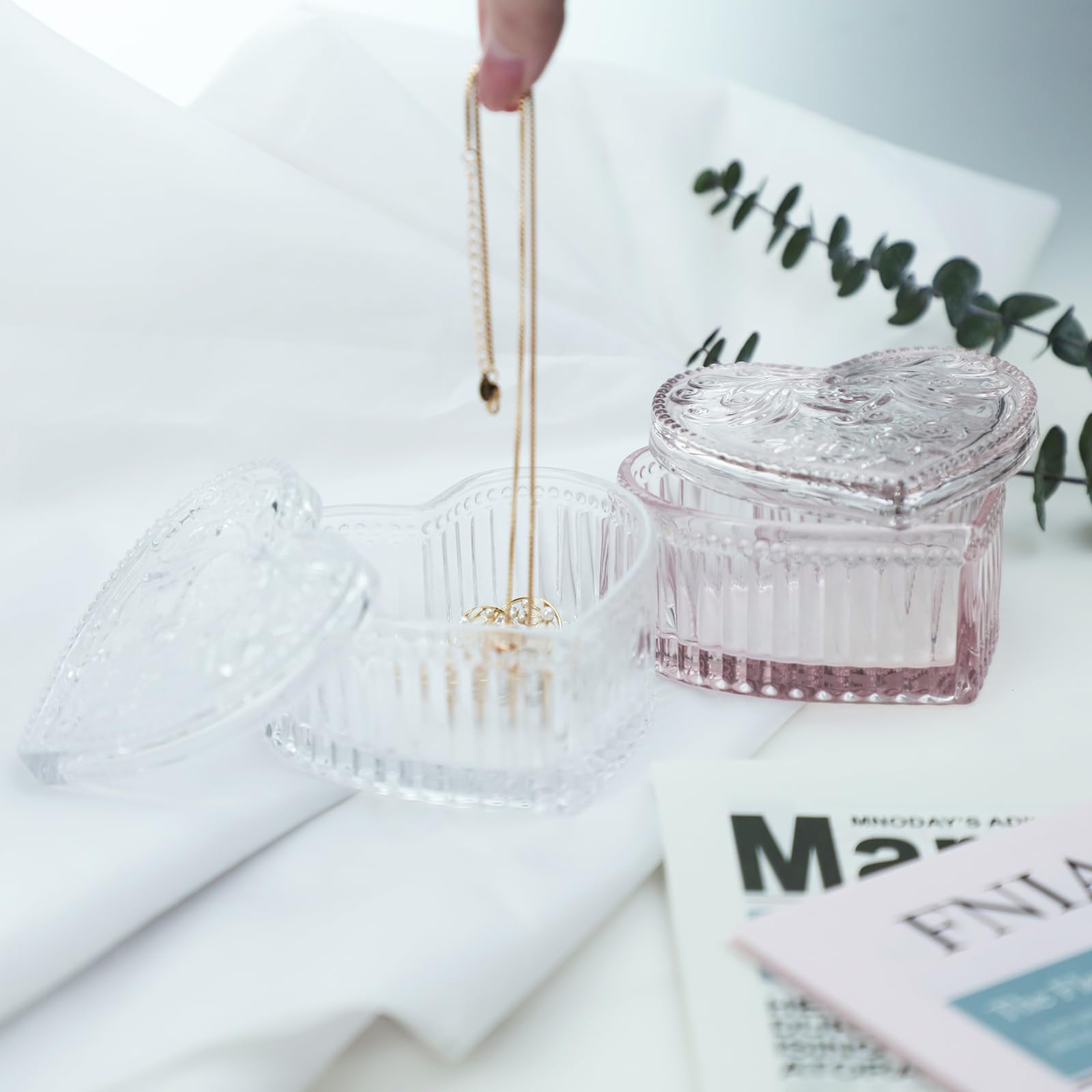 Gaolinci Crystal Glass Heart-Shaped Jewelry Box with Lid - Elegant Embossed Storage for Rings, Necklaces & Candy - Perfect for Valentine's Gifts, Wedding Favors & Home Decor
