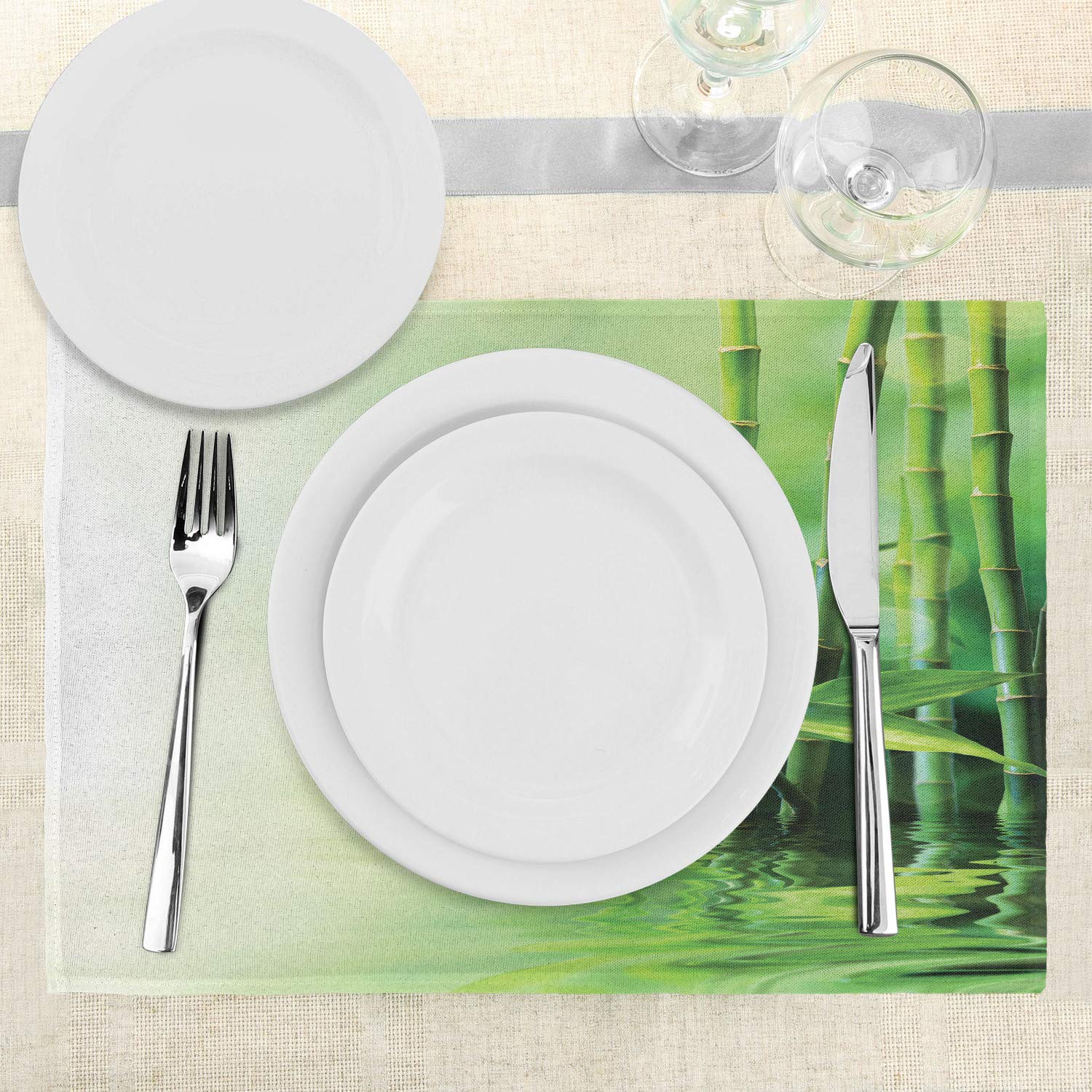 Ambesonne 4-Pack Japanese Nature Spa Themed Placemats - Tree Branches Reflection on Water Design, Washable Fabric Dining Table Mats, Standard Size Pale Yellow Green for Home, Restaurant & Zen Decor