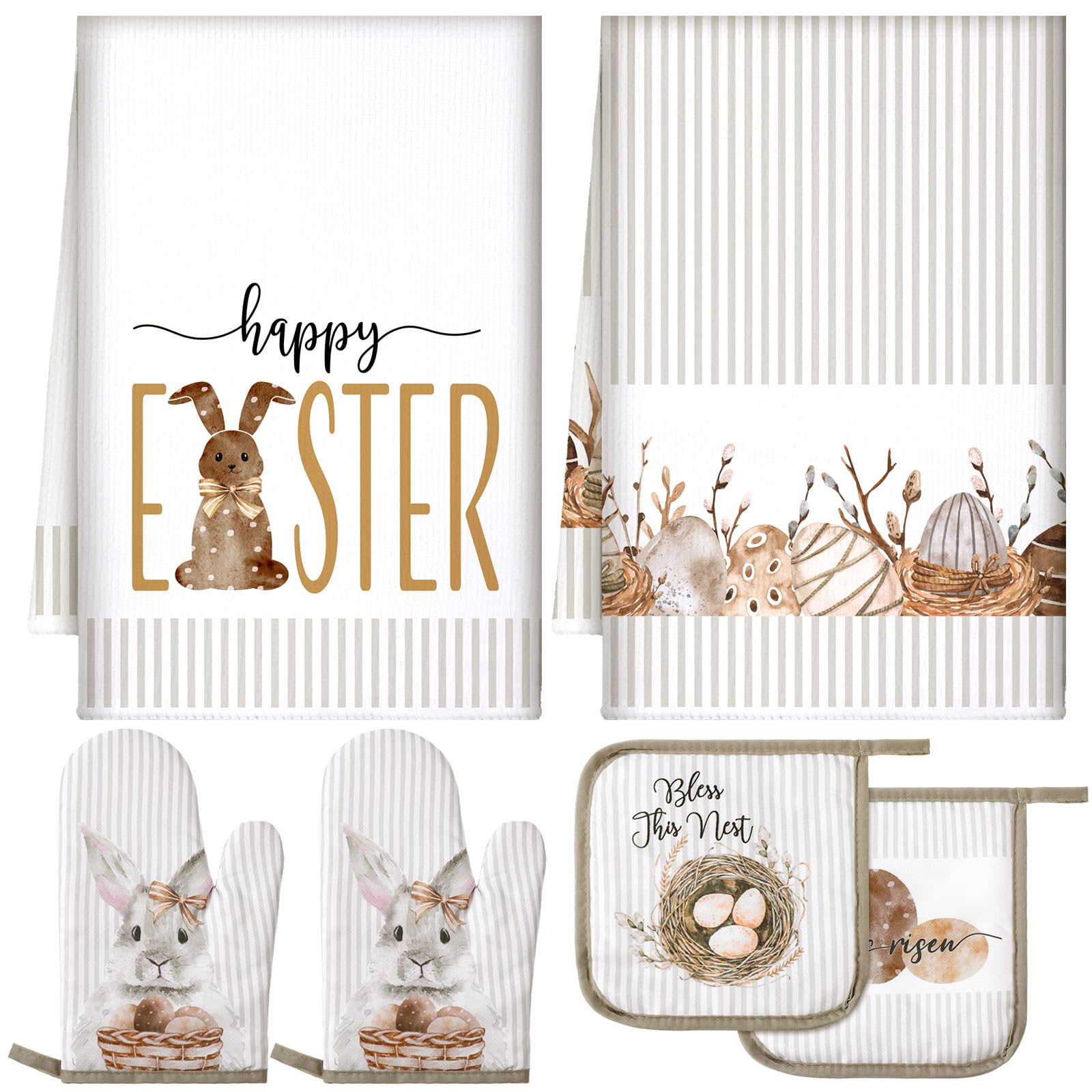 Bencailor 6-Piece Easter Bunny Floral Kitchen Towel and Oven Mitt Set - 2 Dish Towels, 2 Heat Resistant Cooking Gloves, 2 Pot Holders for Spring Holiday Decor & Cooking (White Striped) - Perfect for Easter Decorations, Kitchen Use, and Hostess Gifts