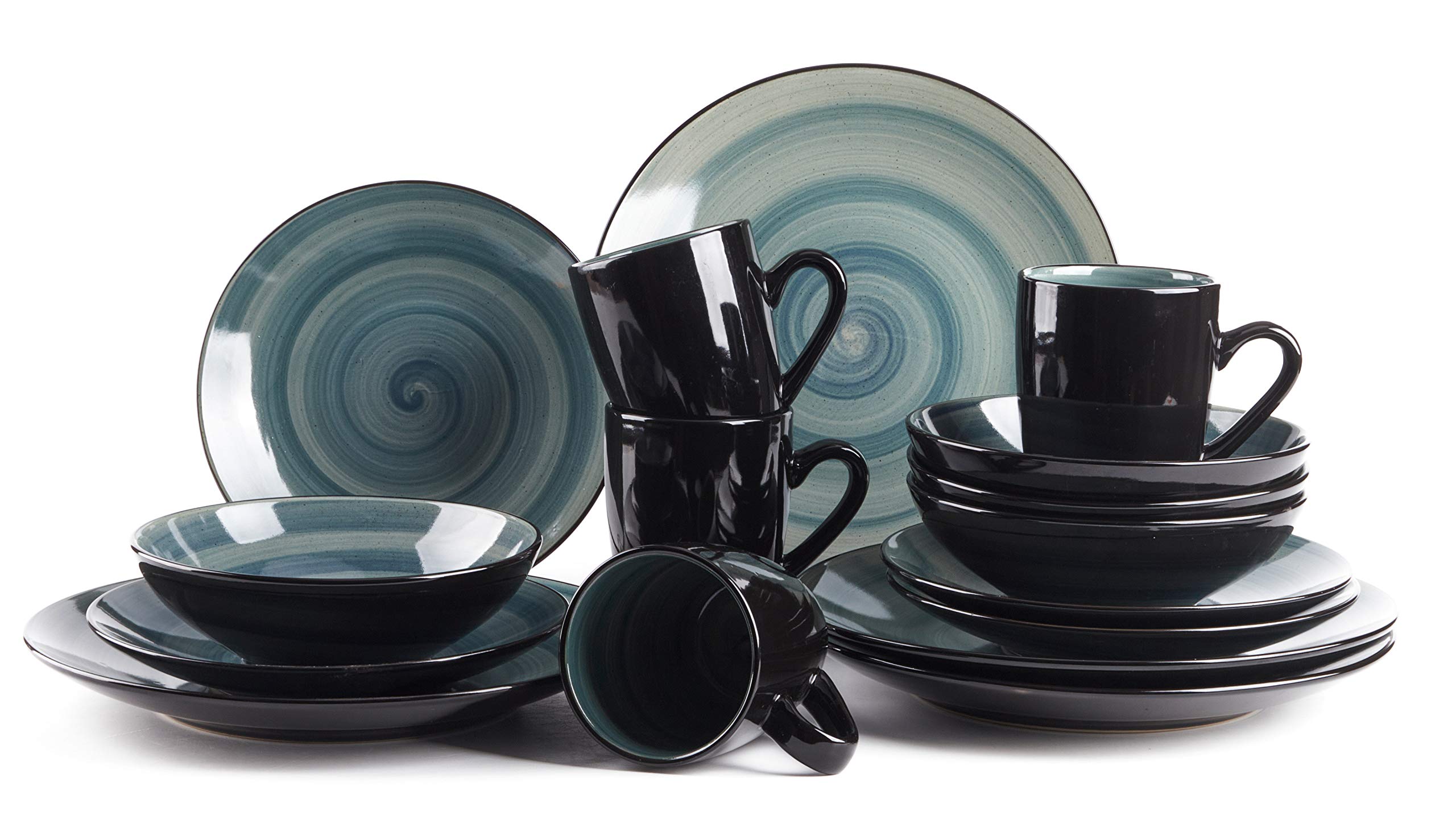 Stoneware Sonoma 16-Piece Dinnerware Set in Black & Speckled Spin Wash Blue - Elegant Dinner Plates, Bowls & Mugs for Everyday Dining & Entertaining