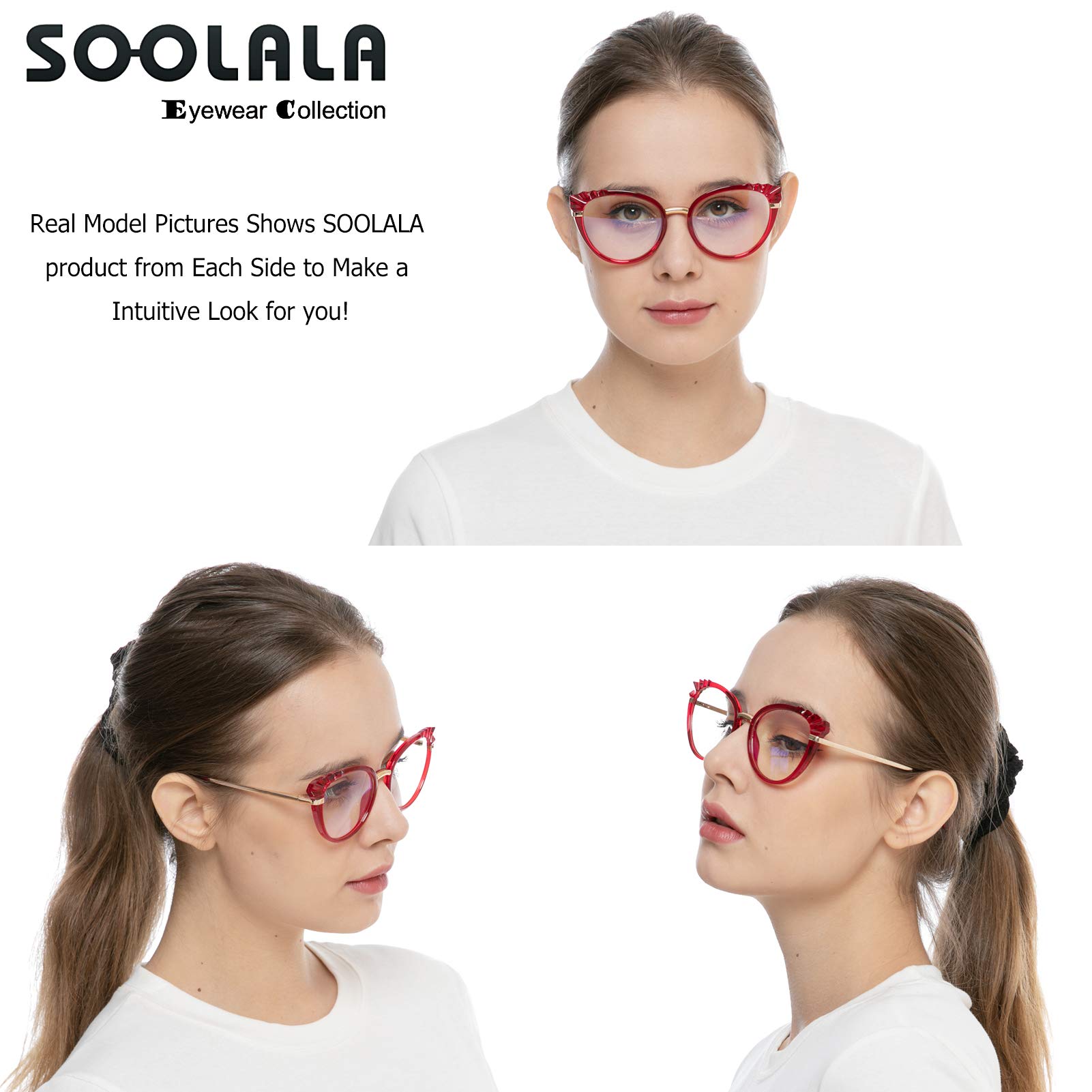 SOOLALA Women's Fashion Diamond Cut Edge Spring Hinged Cat Eye Reading Glasses with Anti-Blue Light Lenses - Perfect for Reading, Computer Work & Office Use