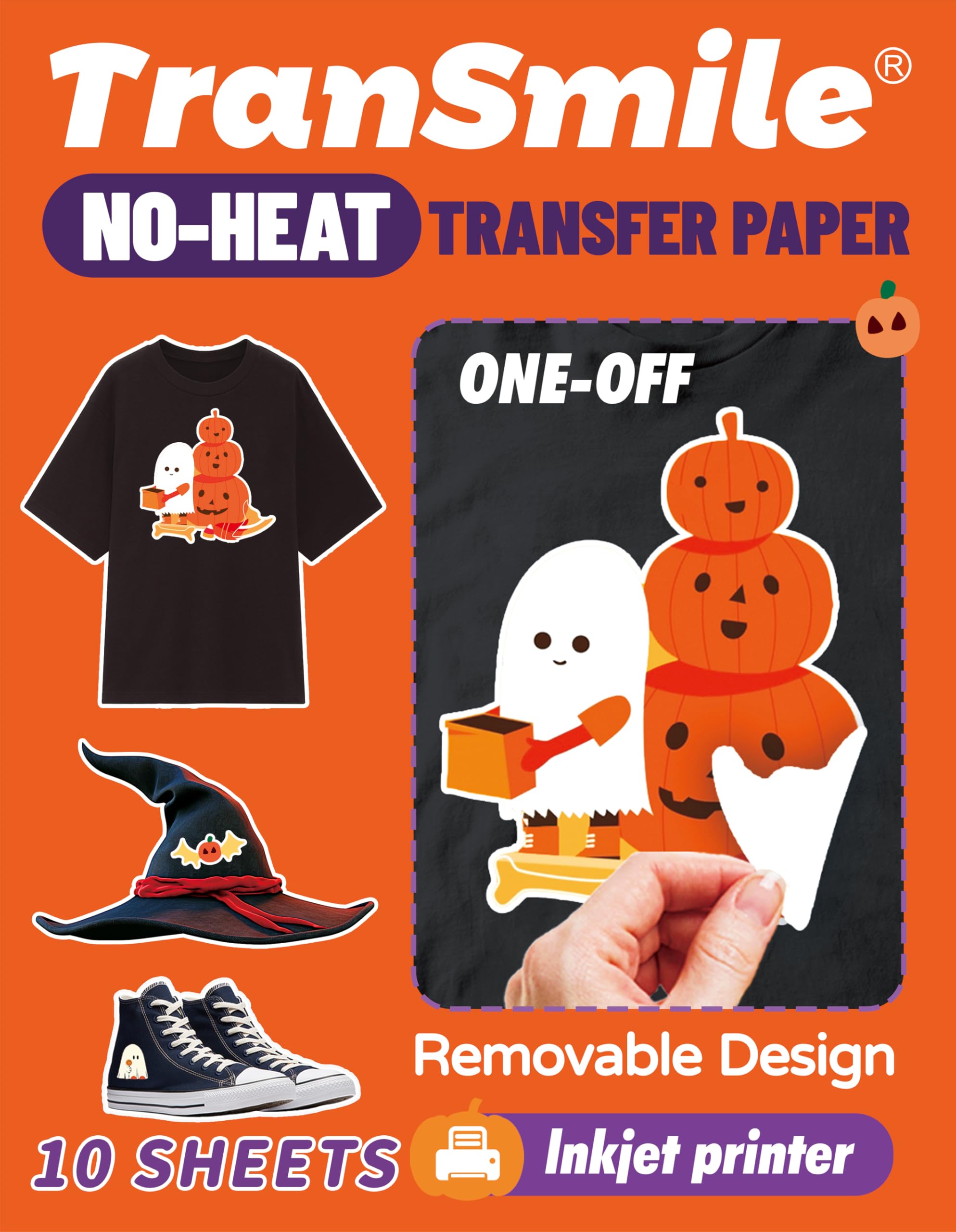 TranSmile No Heat Transfer Paper for T-Shirts (8.5 x 11 Inches, 20 Sheets) - Printable Inkjet Transfer Vinyl for Dark Fabrics, Removable Sticker Paper - Perfect for DIY Projects, Custom Apparel, and Crafting