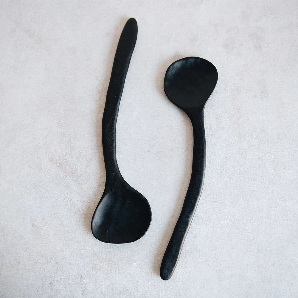 Hand Carved Flat Black Wooden Spoon - Eco-Friendly Kitchen Utensil for Cooking, Serving & Dining - Perfect for Soups, Salads & Desserts