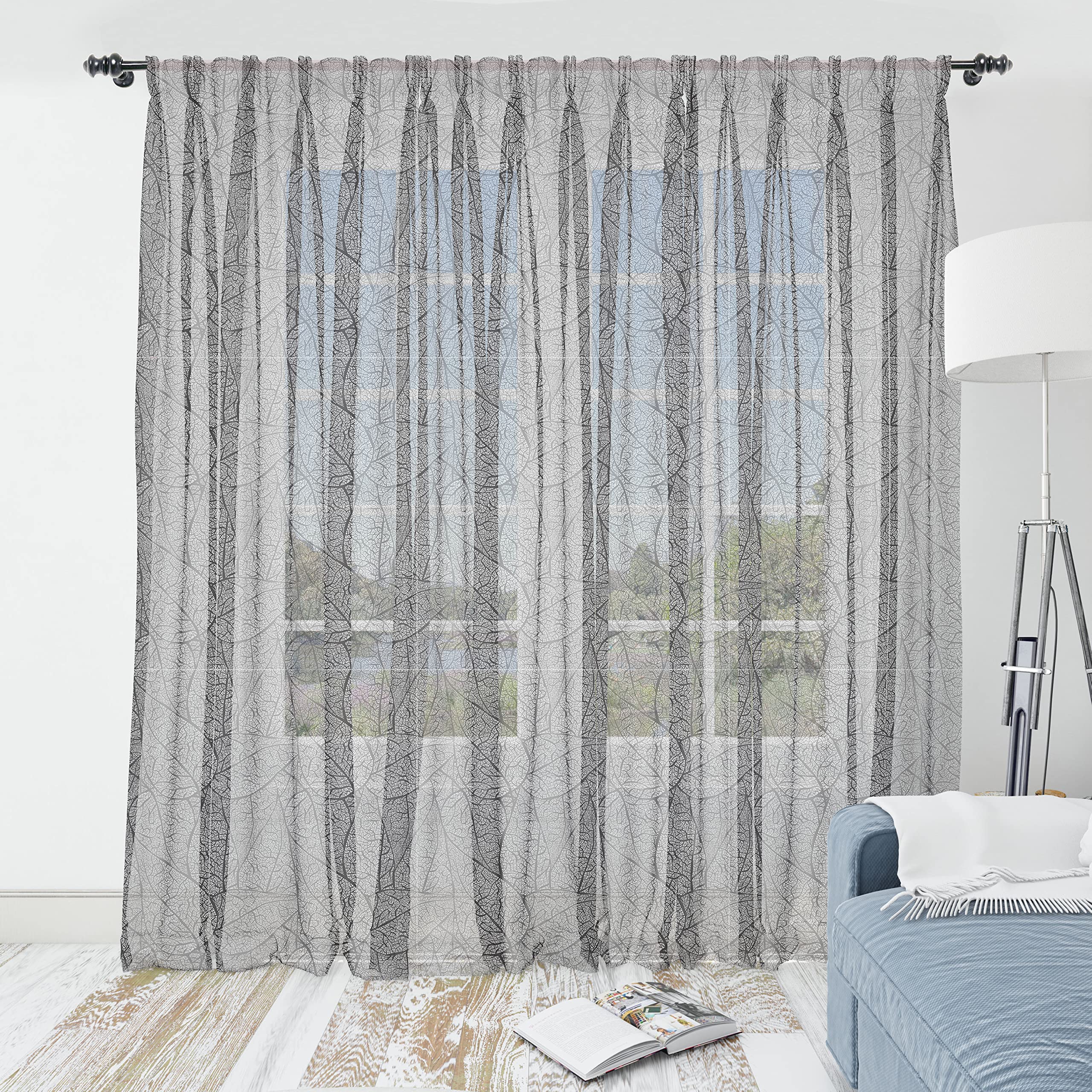 Ambesonne Black White Abstract Leaf Tulle Curtains with Rod Pocket - Monochrome Vein Swirl Design Sheer Drapes for Living Room, Bedroom, Wedding (2 Panels, 108
