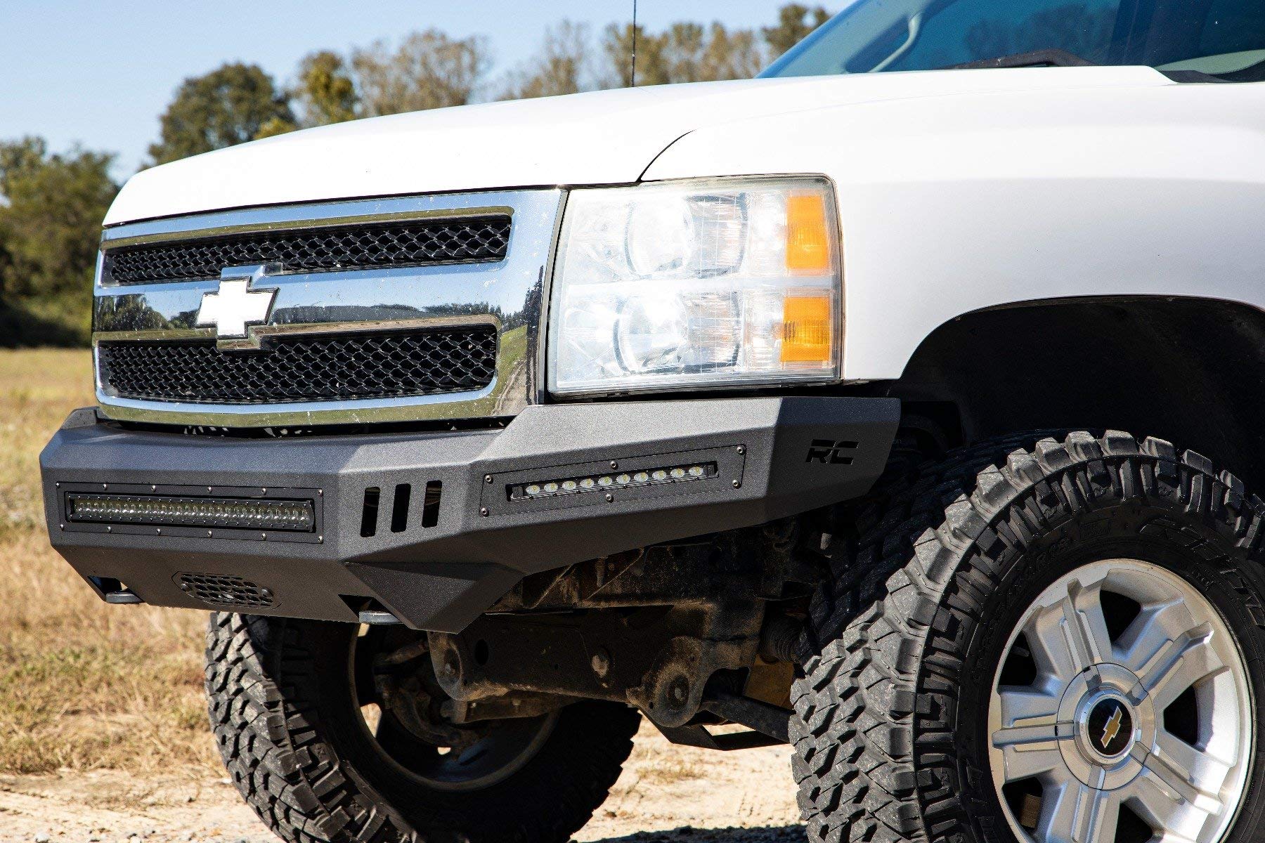 Rough Country High Clearance Front Bumper with LED Lights for 2007-2013 Chevy Silverado 1500 | Off-Road Protection & Style Upgrade | Perfect for Trail Riding & Truck Customization