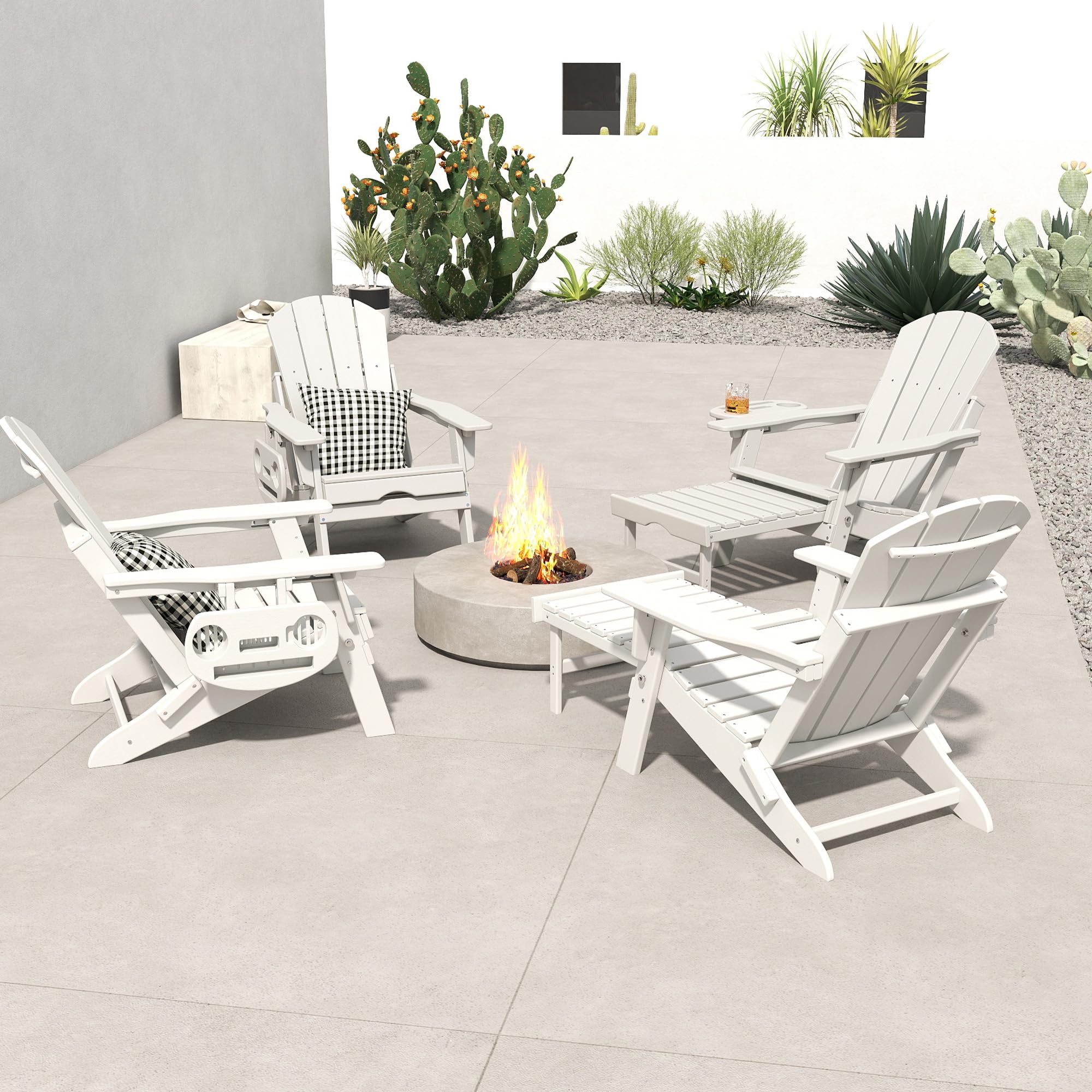 FOOWIN 2-Pack HDPE Folding Adirondack Chair with Retractable Ottoman & 4-in-1 Cup Holder - All-Weather Resistant Outdoor Patio Furniture for Backyard, Garden, Poolside & Camping Fire Pit Relaxation