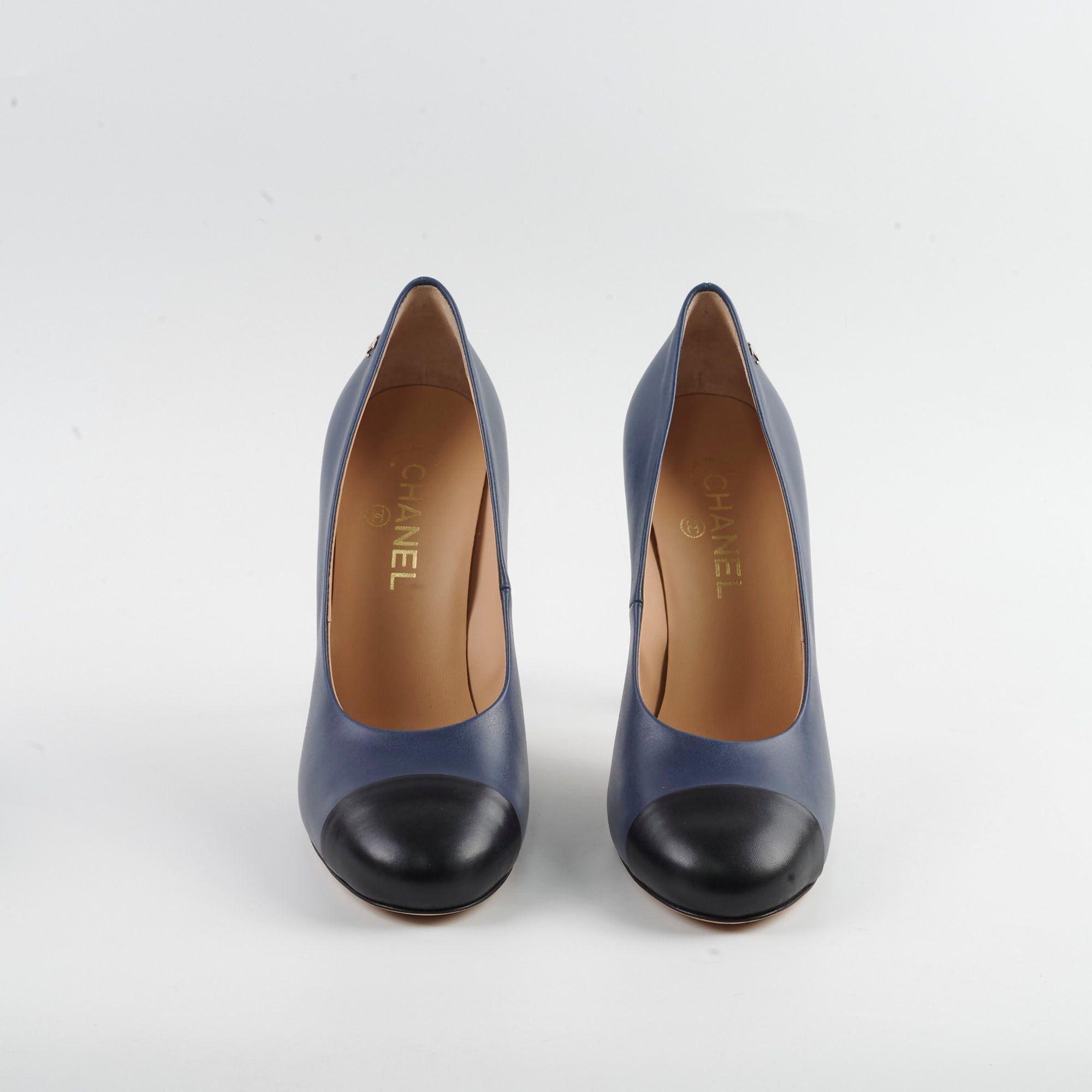 Chanel Navy Blue Cap Toe Leather Pumps Women's Size 40C - Elegant Heels for Office, Parties & Special Occasions