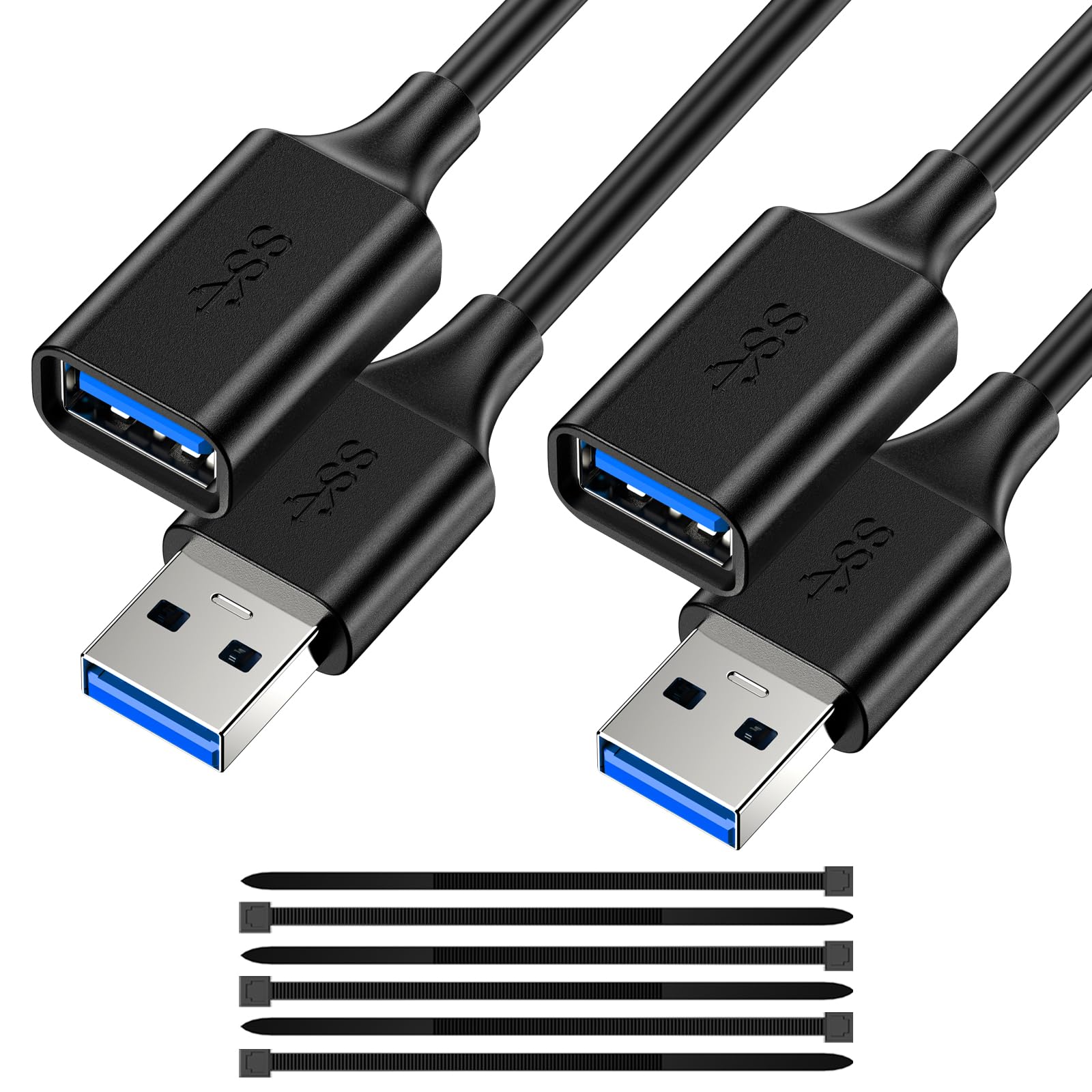 USB 3.0 Extension Cable 0.5FT (2 Pack) - USB A Male to Female Extender Cord for Flash Drive, Hard Drive, Card Reader, Webcam, Printer, Keyboard, Mouse, PS5, Xbox Series X - Perfect for Gaming, VR Headsets & Home Office Setup