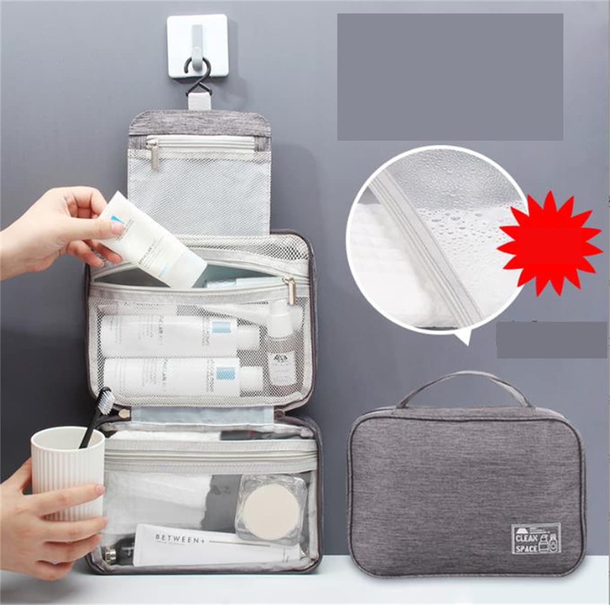 LELEBEAR Hanging Toiletry Bag for Travel - Large Waterproof Cosmetic Organizer with 3 Compartments & Hook - Perfect for Makeup, Toiletries Storage on Vacation, Camping, Gym, and Business Trips