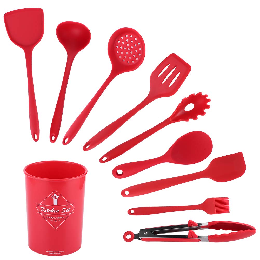 TeamSky 10-Piece Red Nonstick Silicone Spatula Set - Heat Resistant Kitchen Utensils for Baking, Cooking & Mixing - Perfect for Pancakes, Eggs & Cake Decorating